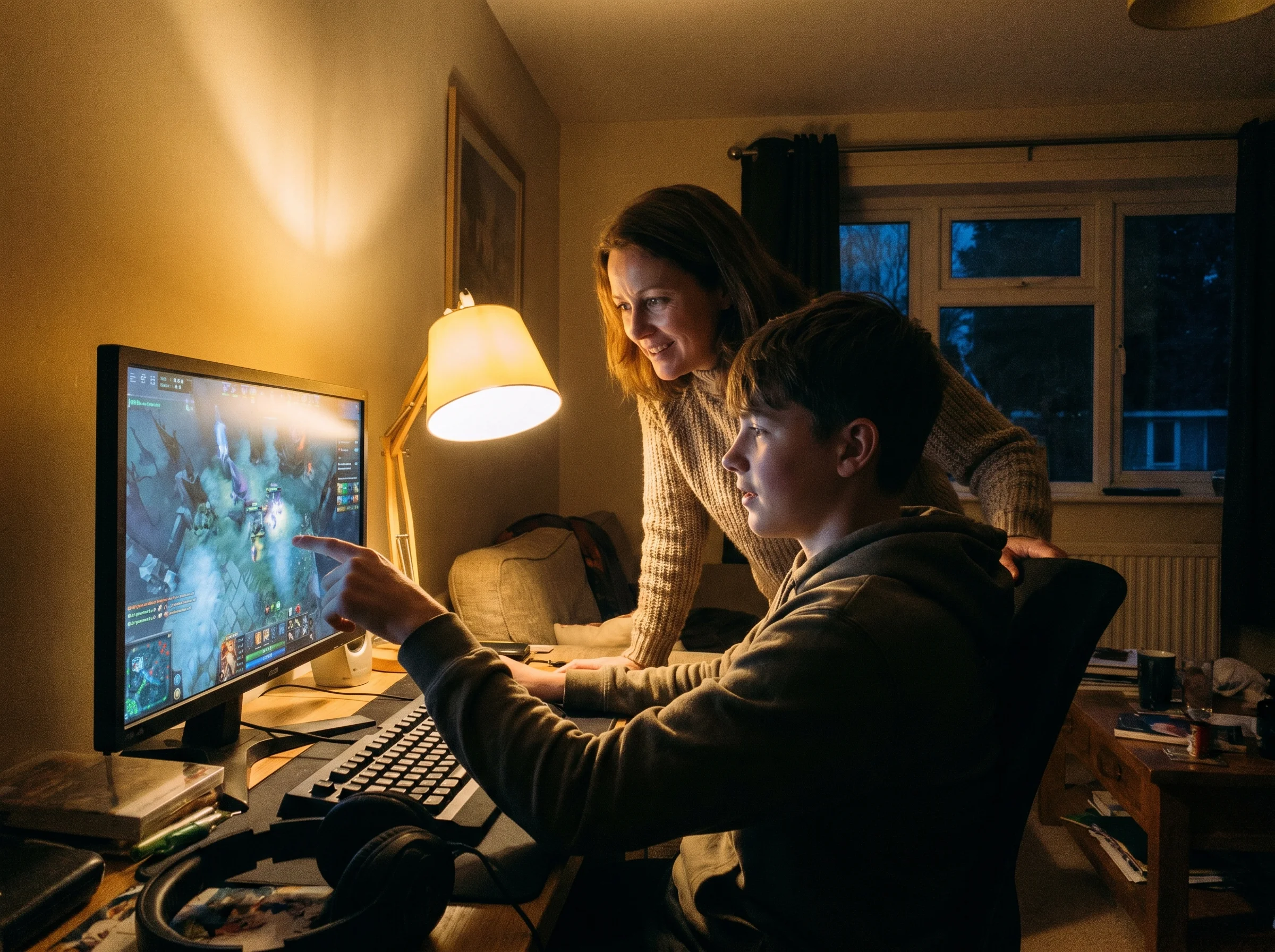 A teenage boy showing his mom something on his gaming monitor, pointing at the screen, mom leaning in genuinely curious, even