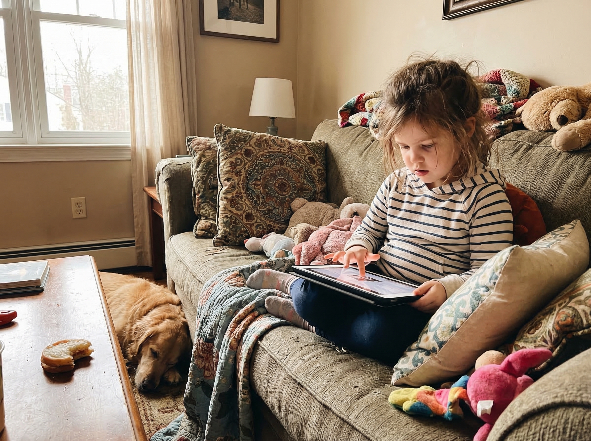 Young girl focused on building something in Minecraft on a tablet, surrounded by cozy pillows, concentration visible on her f