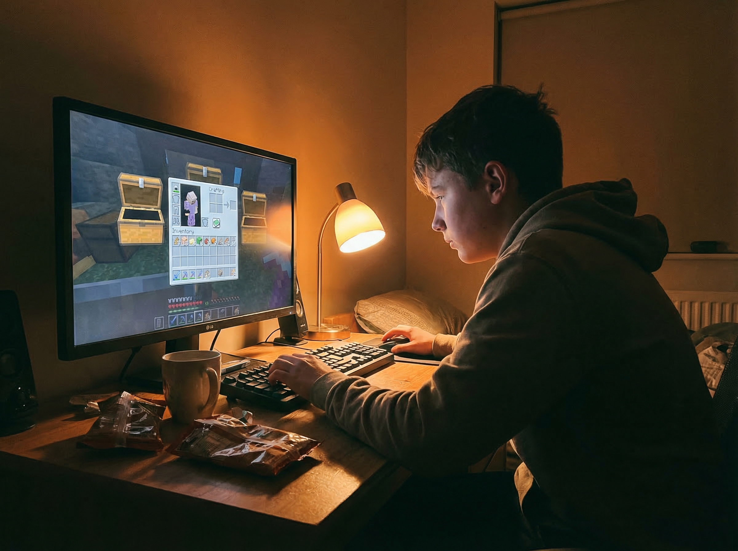 Teen boy at desktop computer organizing inventory in a game, multiple storage chests visible on screen, desk lamp providing w