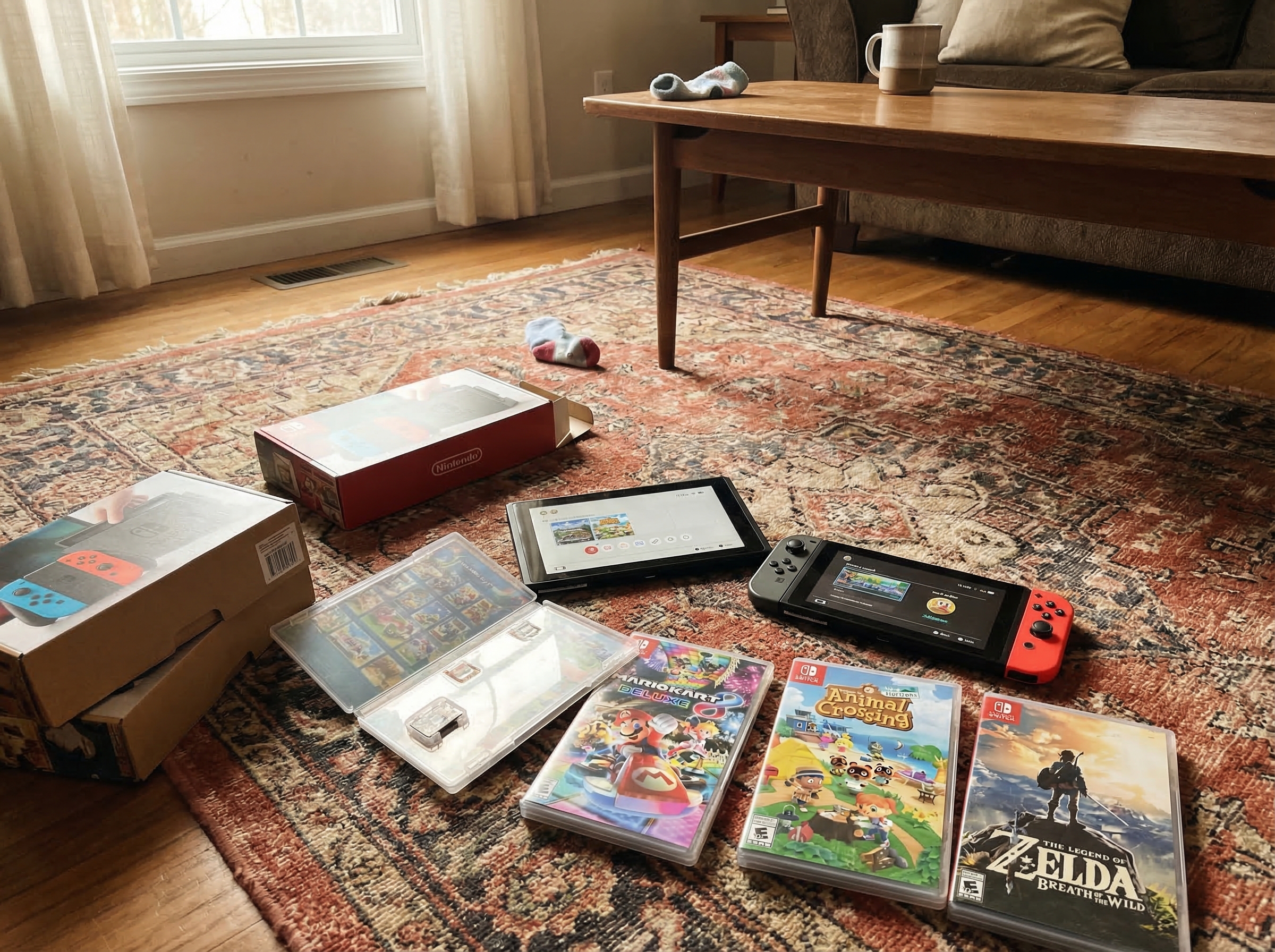 Collection of game cases and devices spread on living room carpet - Switch, tablet, some game boxes visible, suggesting varie