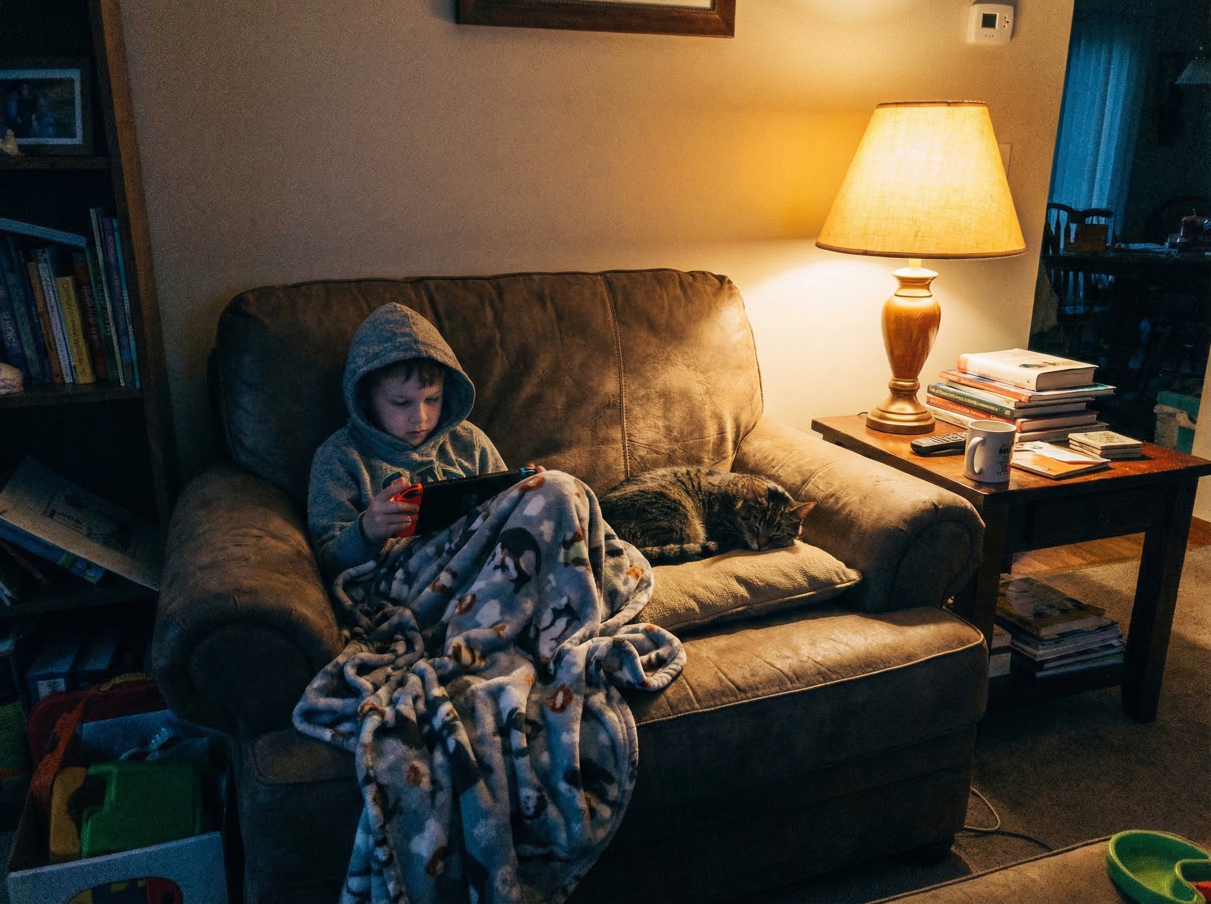 Child curled up in oversized armchair with Switch in handheld mode, soft blanket, cat nearby, warm lamp light creating cozy a