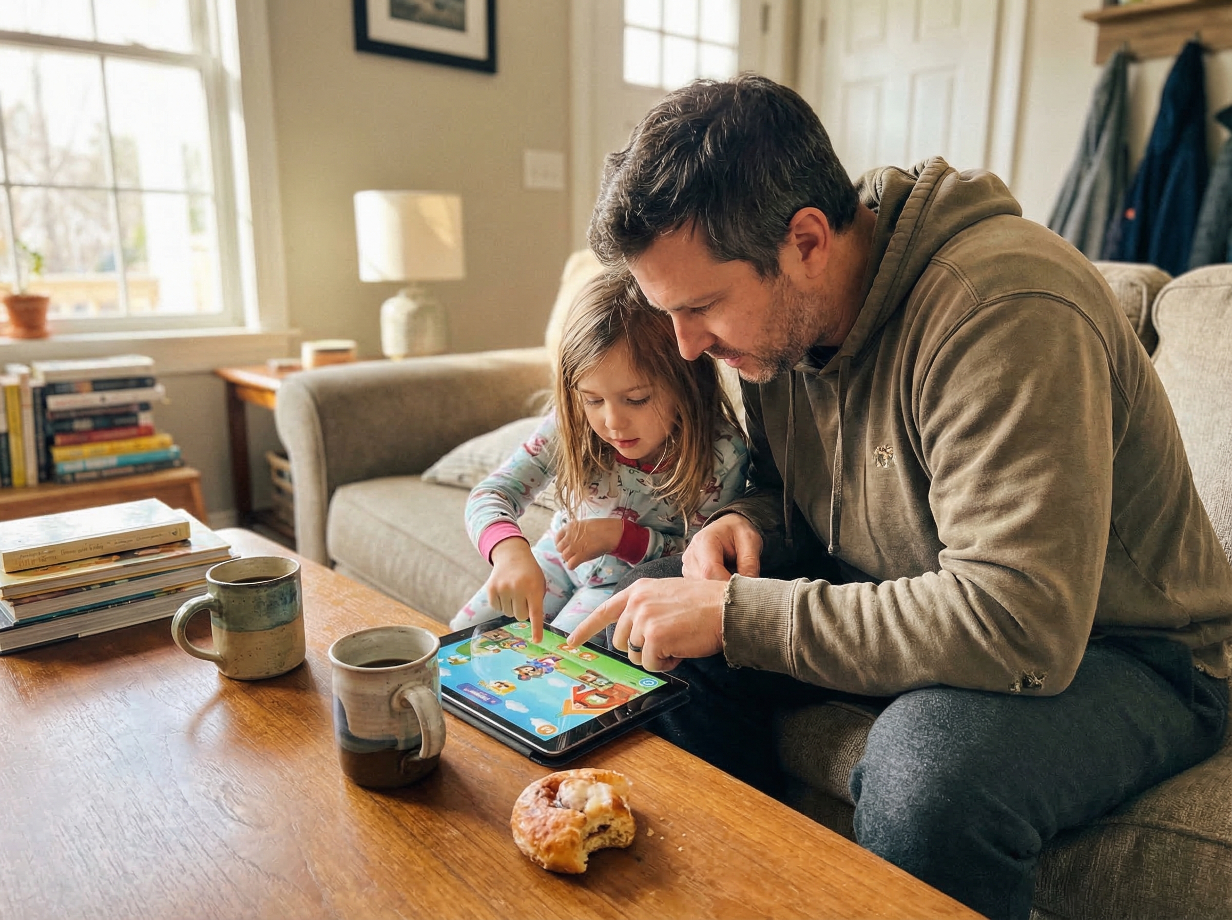 Dad and daughter sitting together looking at tablet screen, both pointing at something in a game, relaxed weekend morning vib