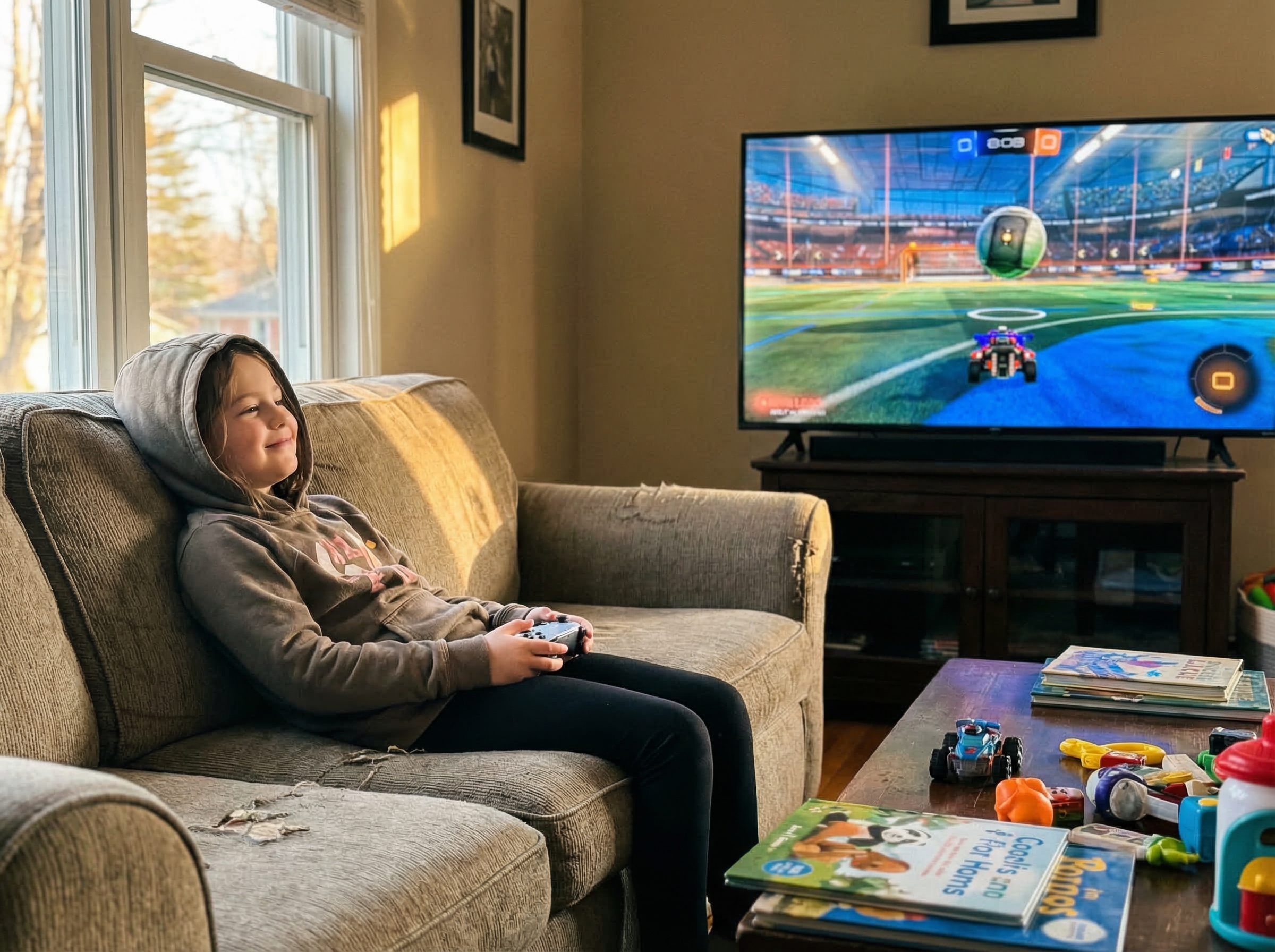 Young girl playing Rocket League in practice mode on TV, leaning back relaxed on couch, controller held loosely, peaceful exp
