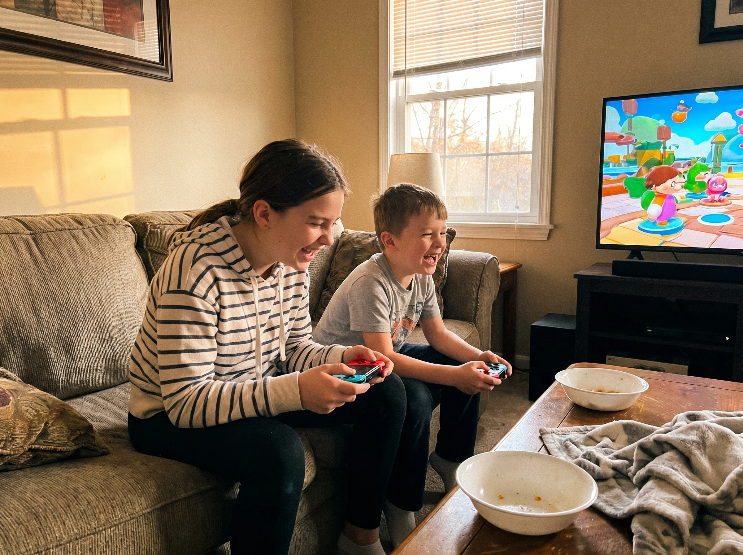 A tween girl and her brother sitting on a living room couch, Switch controllers in hand, both leaning forward toward the TV, 