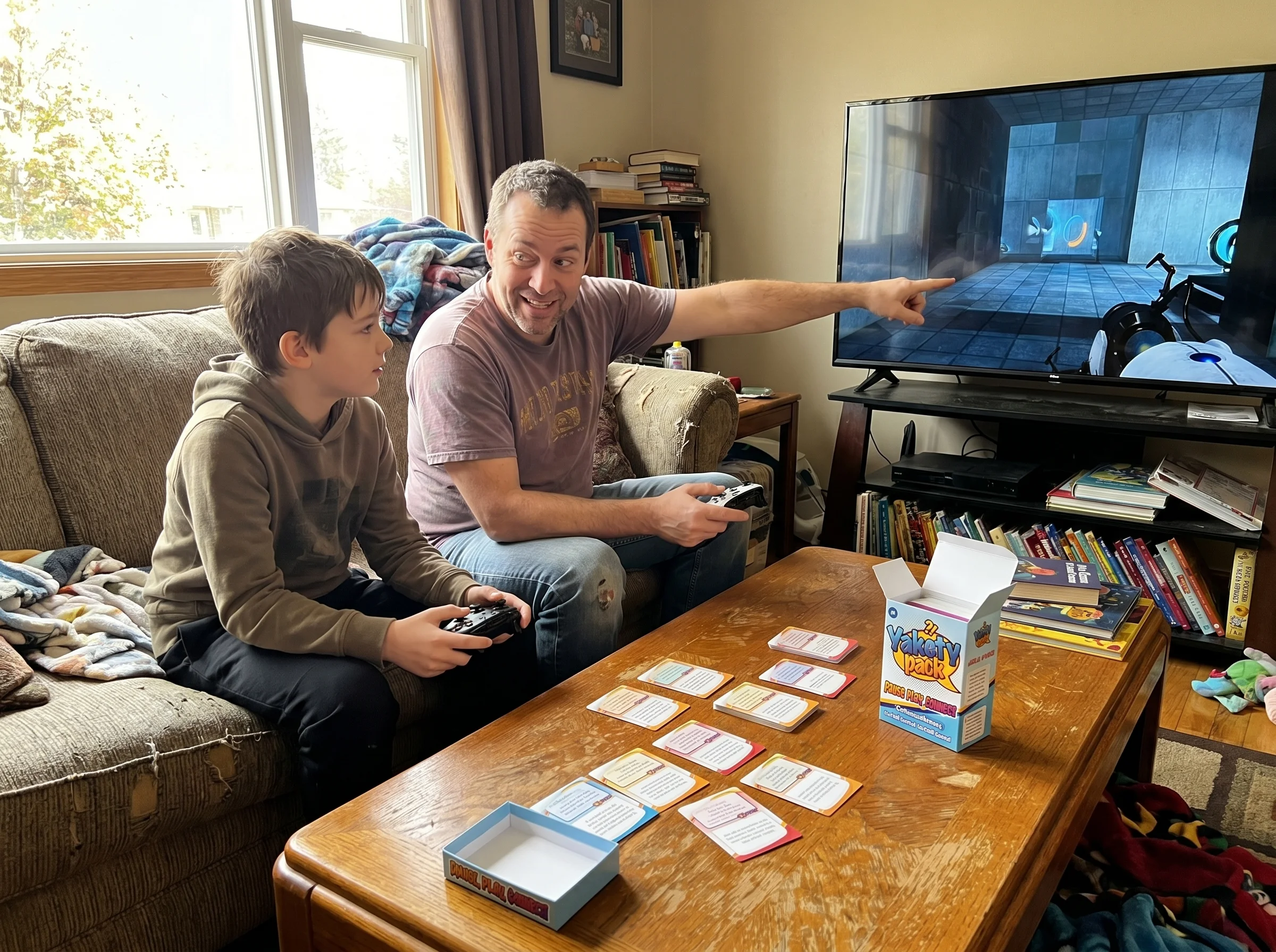 A dad and middle-school-aged son on a couch playing Portal 2 co-op, two controllers, the dad pointing at the screen with a pu