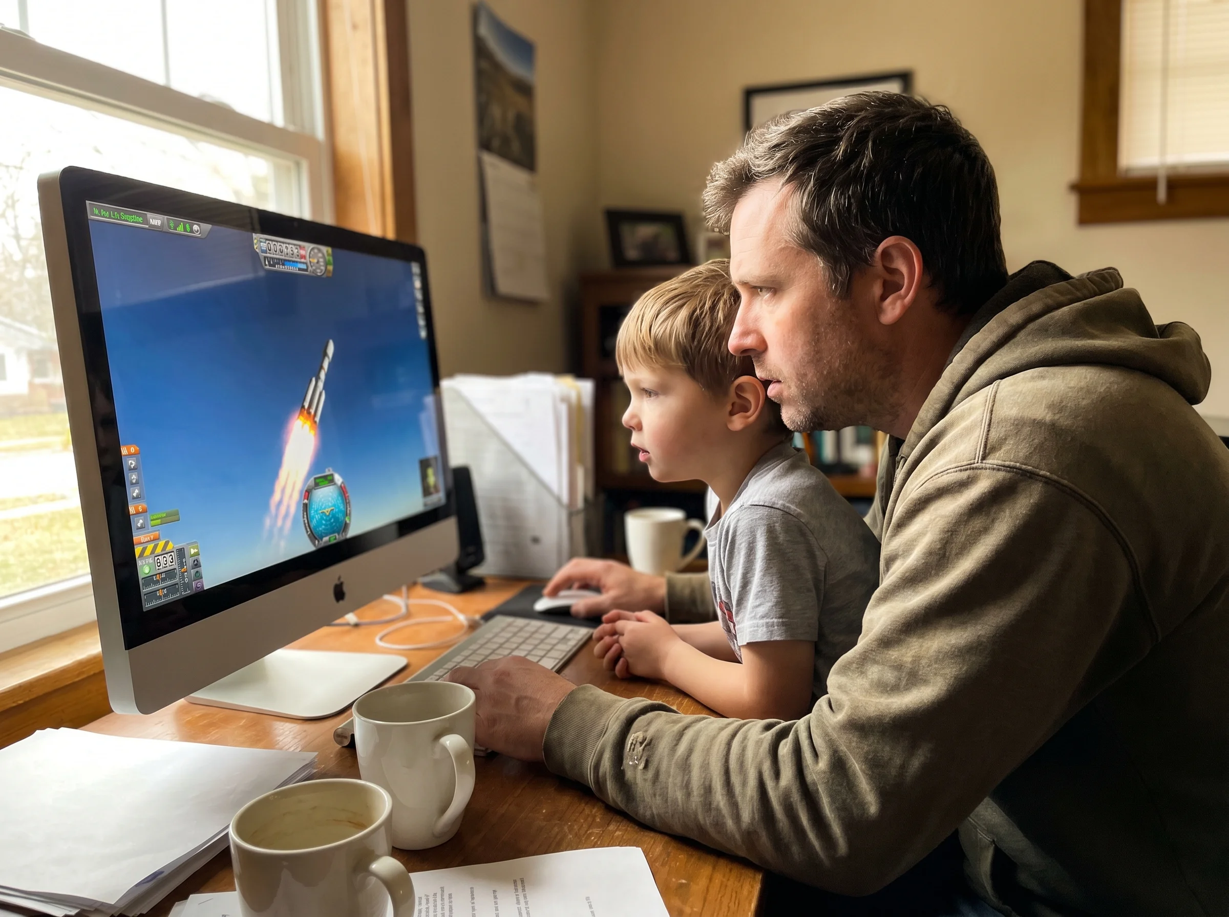 Dad and son seated together at a desktop computer, Kerbal Space Program on screen showing a rocket mid-launch, both leaning i