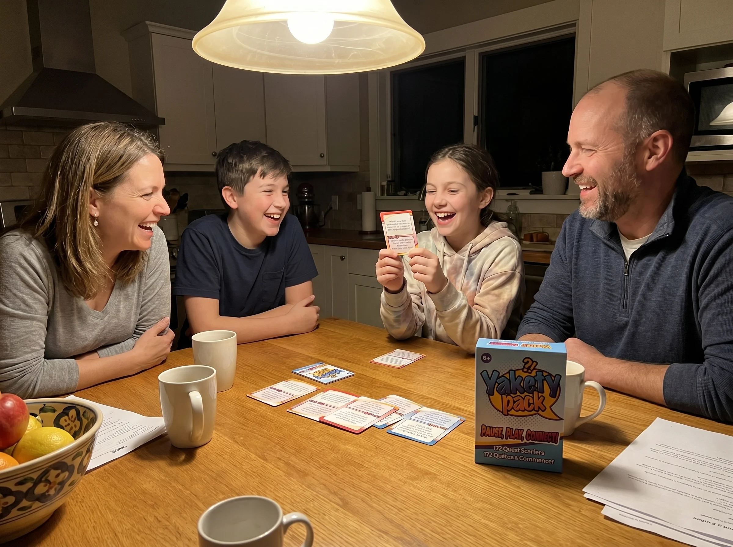 A family of four around a kitchen table at night, Yakety Pack-style conversation cards spread out, everyone mid-laugh, one ca
