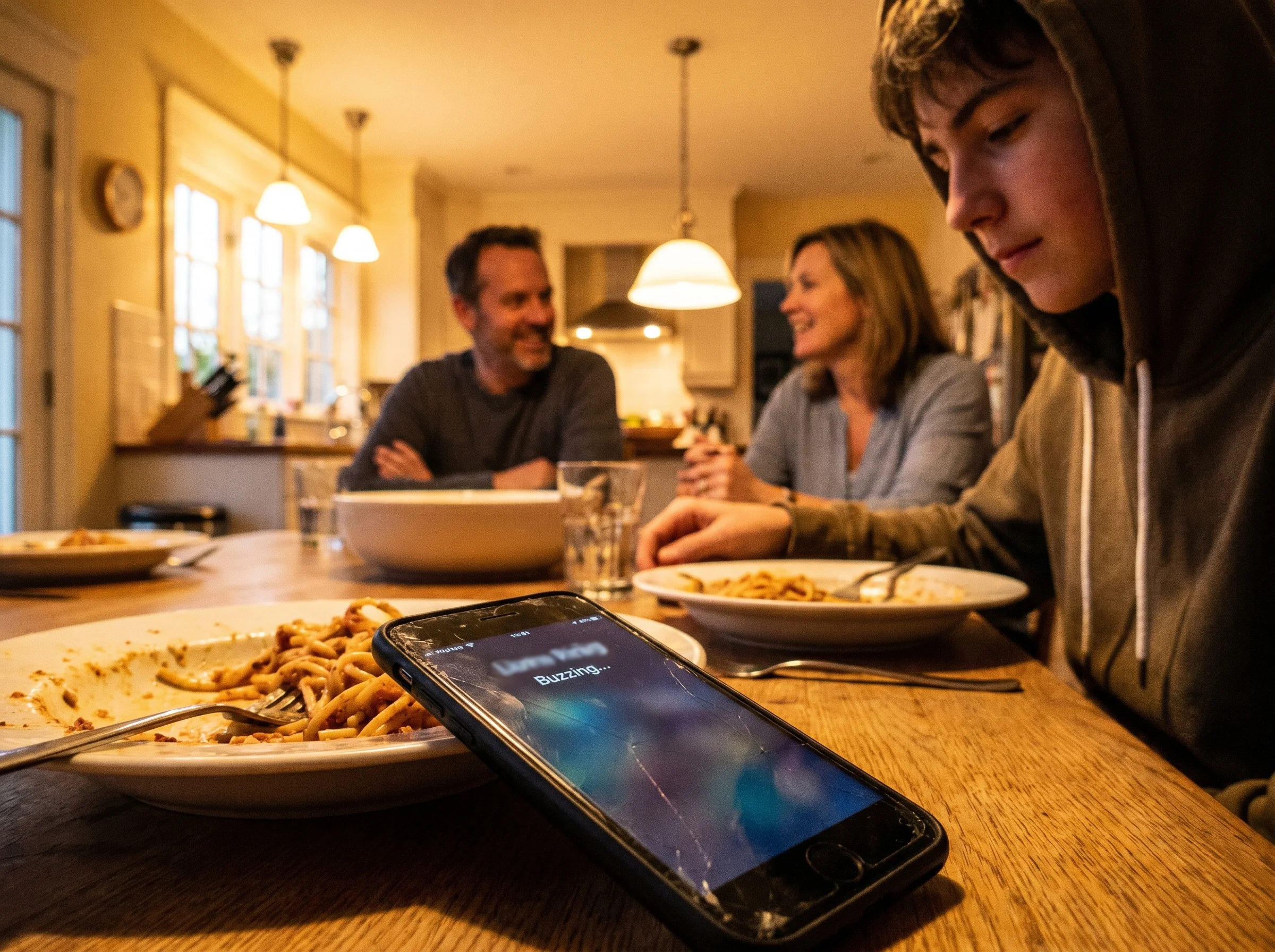A family dinner table scene with a teenager's phone buzzing face-up next to his plate, parents in the background, warm kitche
