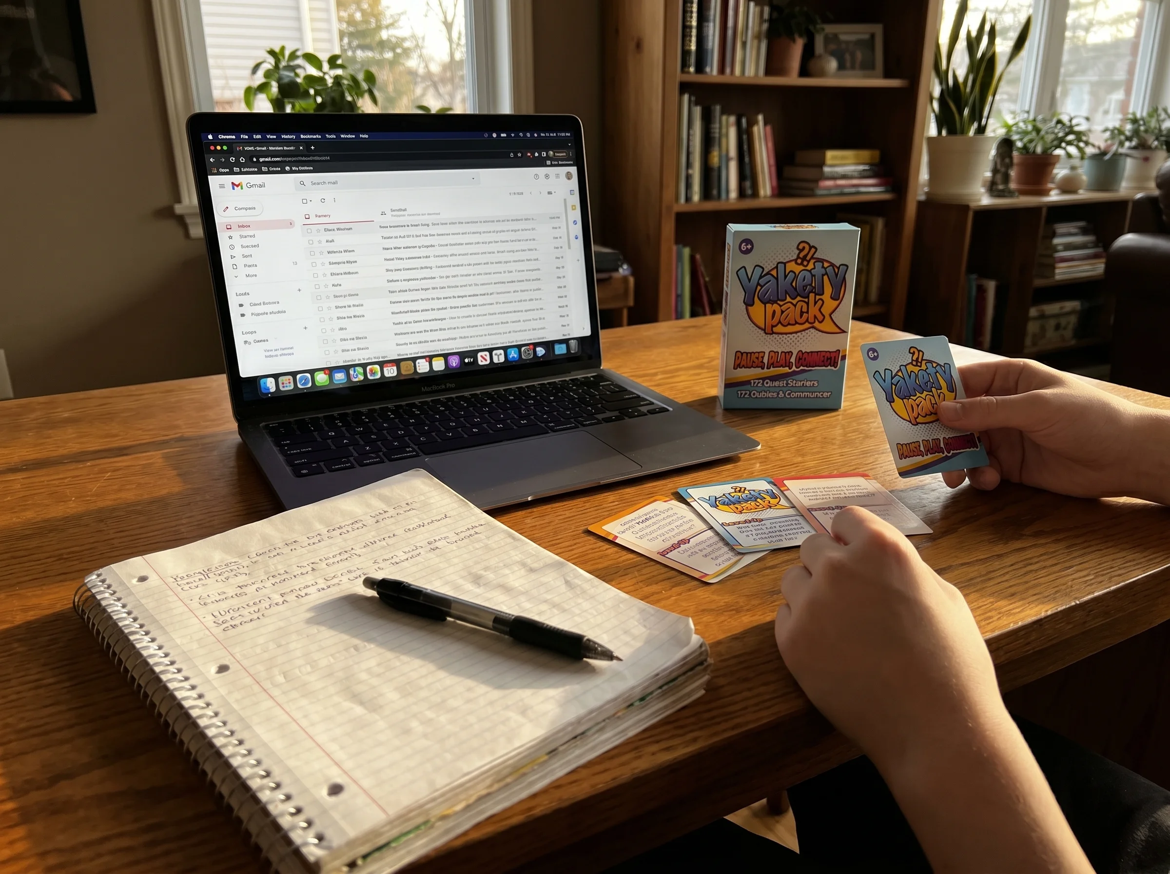 A teenager's laptop open on a desk showing a Gmail inbox setup, notebook and pen next to it, late afternoon natural light