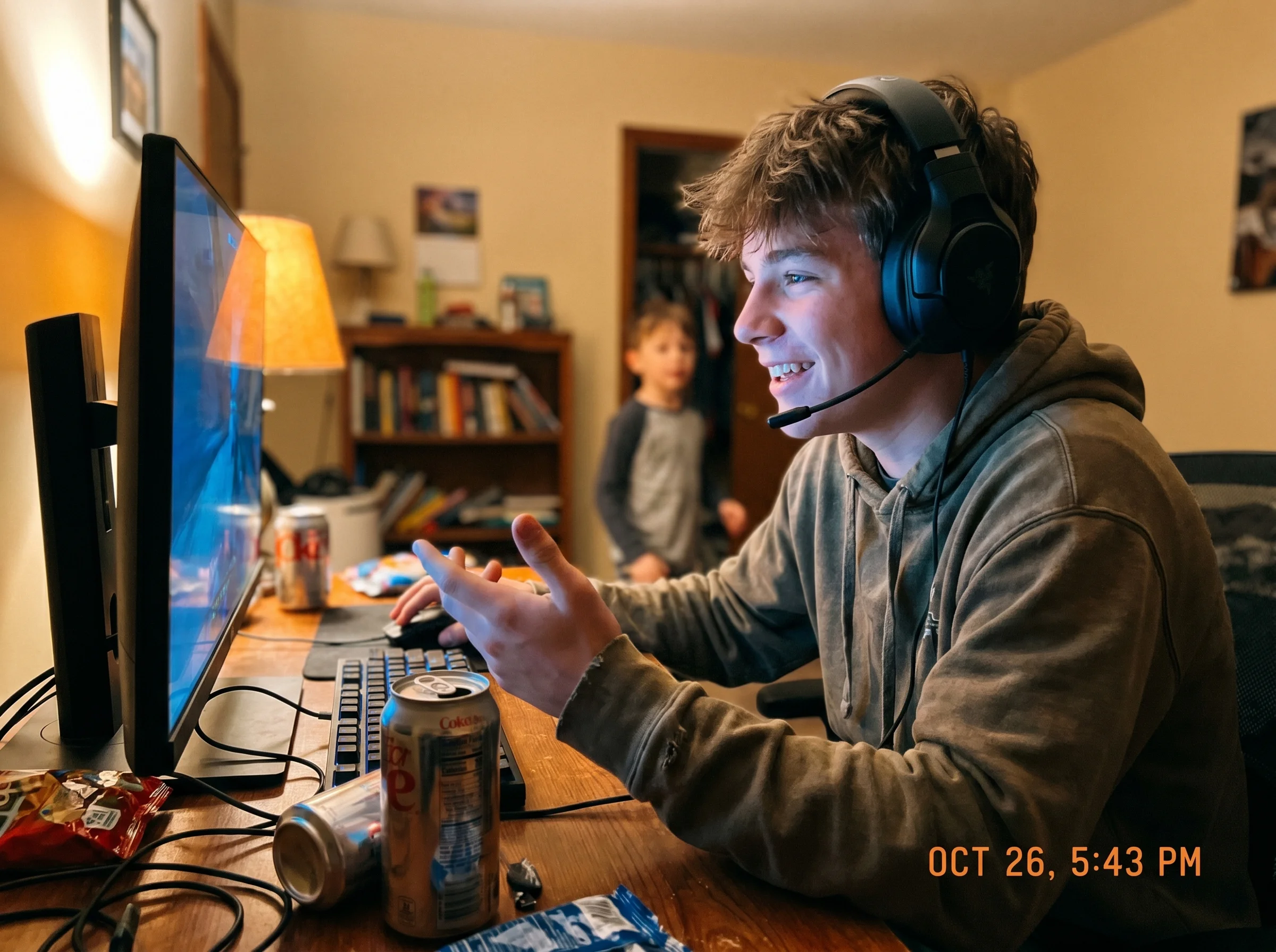 A teenager wearing a gaming headset at his desk, mid-conversation, monitor glow on his face, candid focused expression
