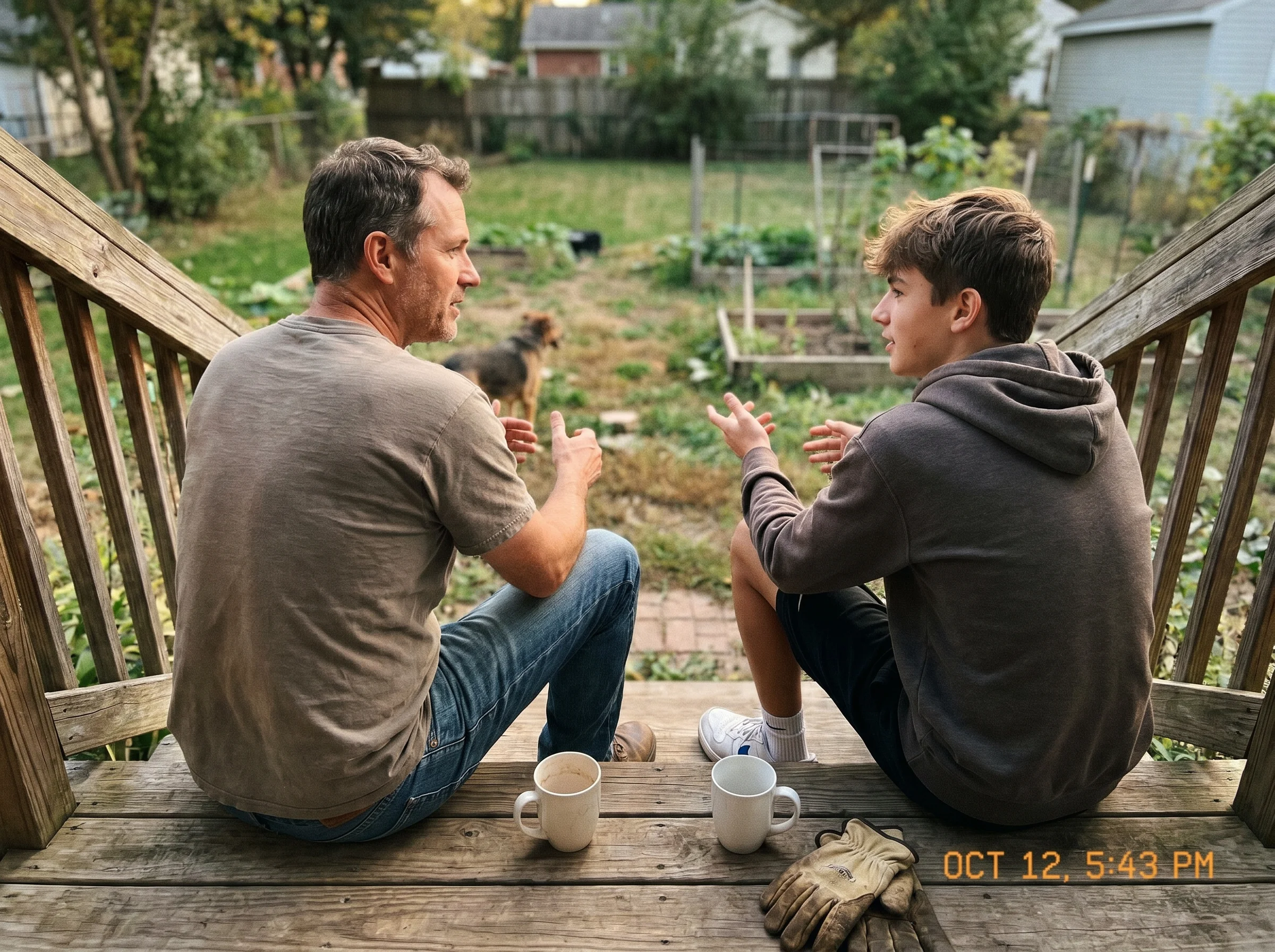 Father and teenage son sitting on the back porch steps talking, both looking out at the yard rather than at each other, casua