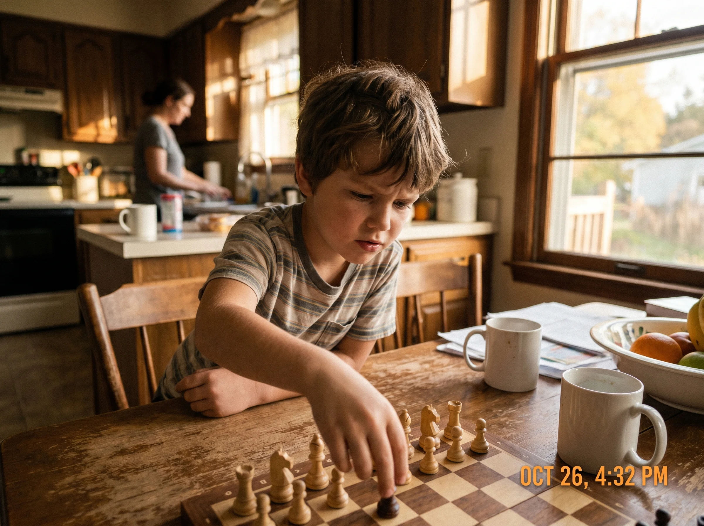 young boy concentrating intensely over a chess board at a kitchen table, his hand hovering over a piece