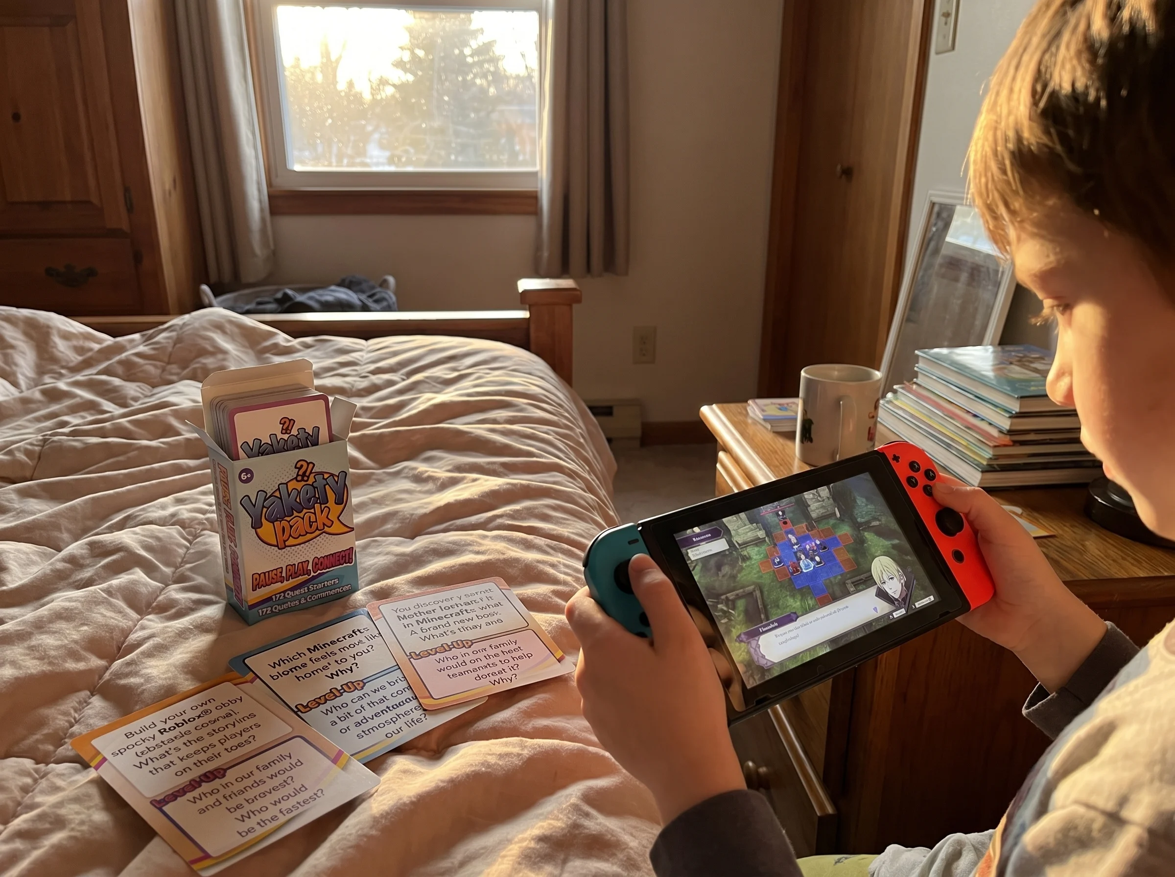 a kid's hands holding a Nintendo Switch playing a strategy game, cozy bedroom in the background, soft afternoon light