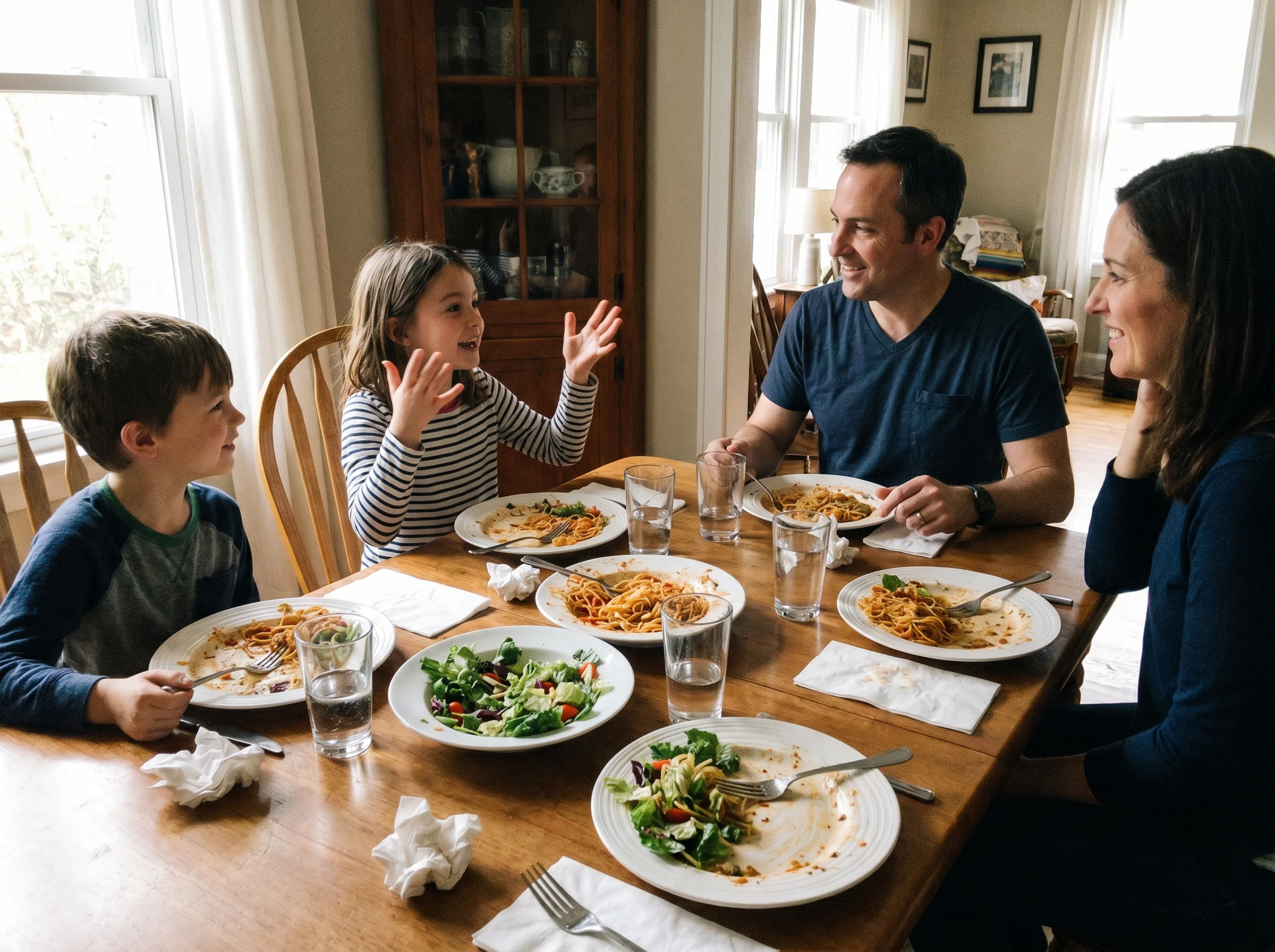 family of four sitting around a dinner table mid-conversation, plates half eaten, one kid gesturing with their hands while ta