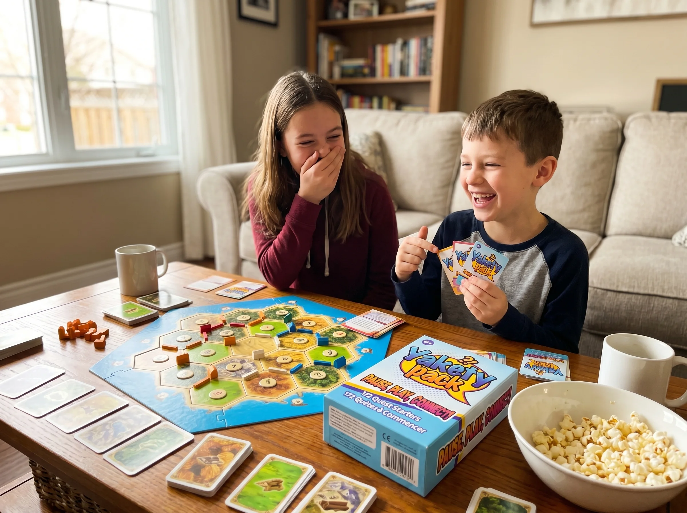 two siblings of different ages playing Catan together on a coffee table, cards and pieces spread out, both laughing