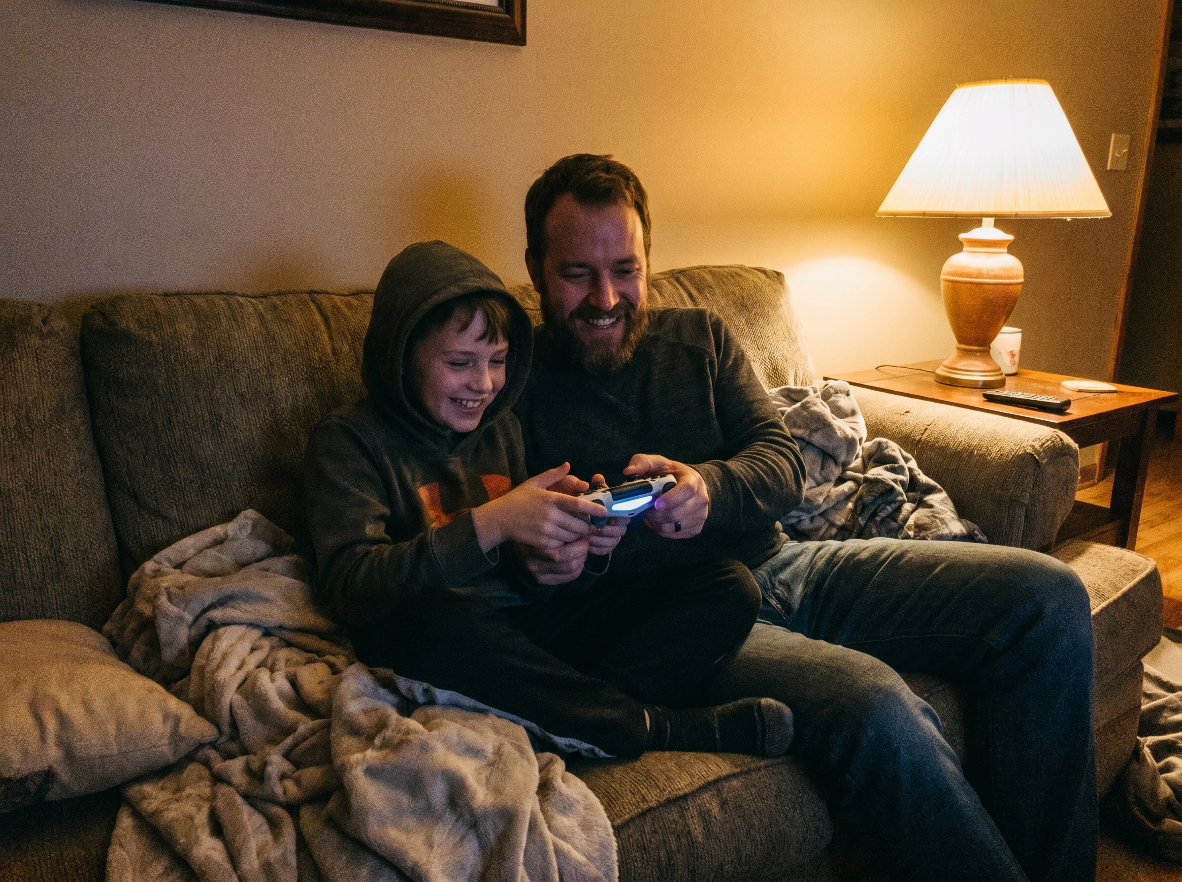 dad and tween kid sitting on a couch shoulder to shoulder, both smiling at a game controller, warm lamp light