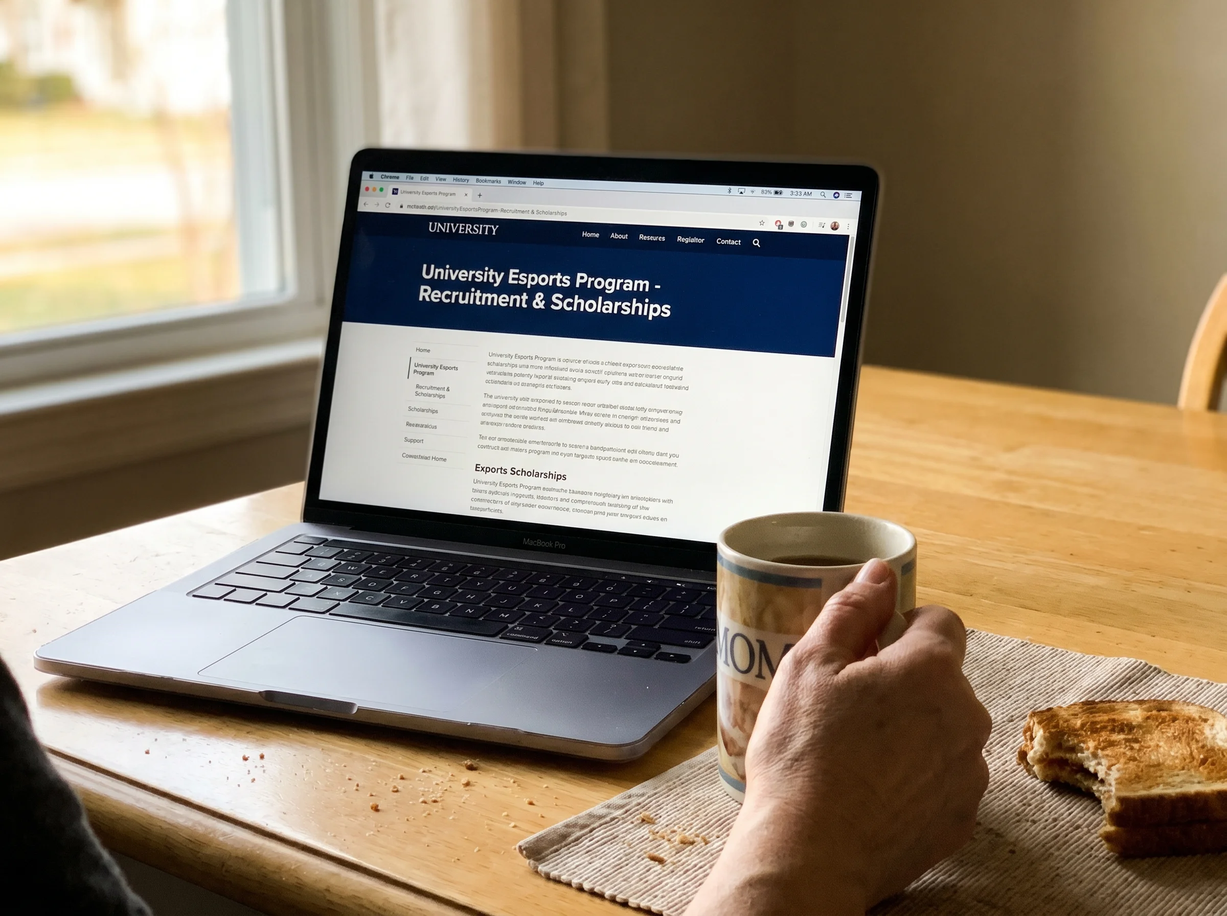 Close-up of a laptop screen showing a college esports program webpage, a parent's hand holding a coffee mug beside it, kitche