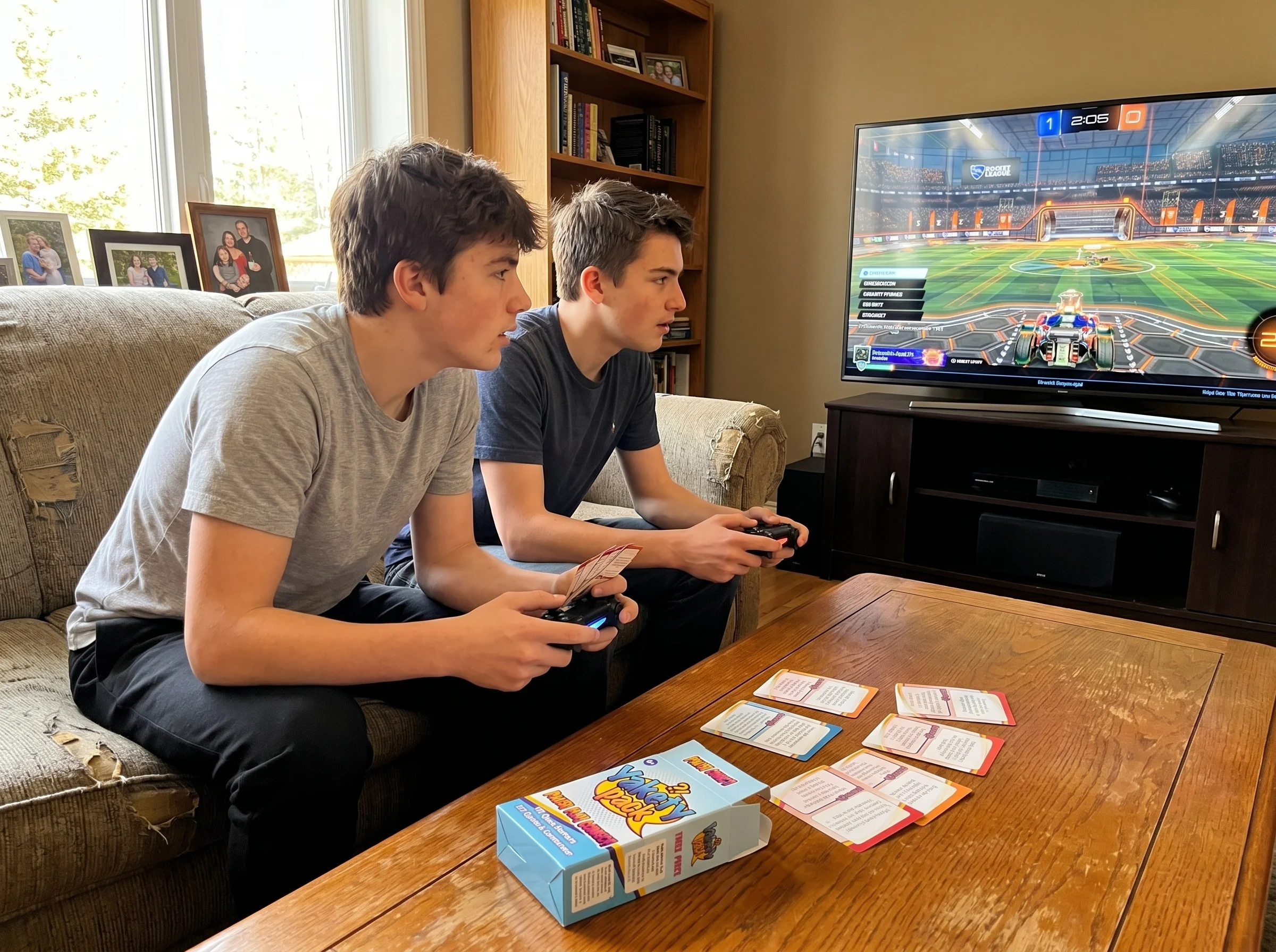 Two teen brothers on a couch playing Rocket League together, controllers in hand, leaning forward intensely, TV glow on their