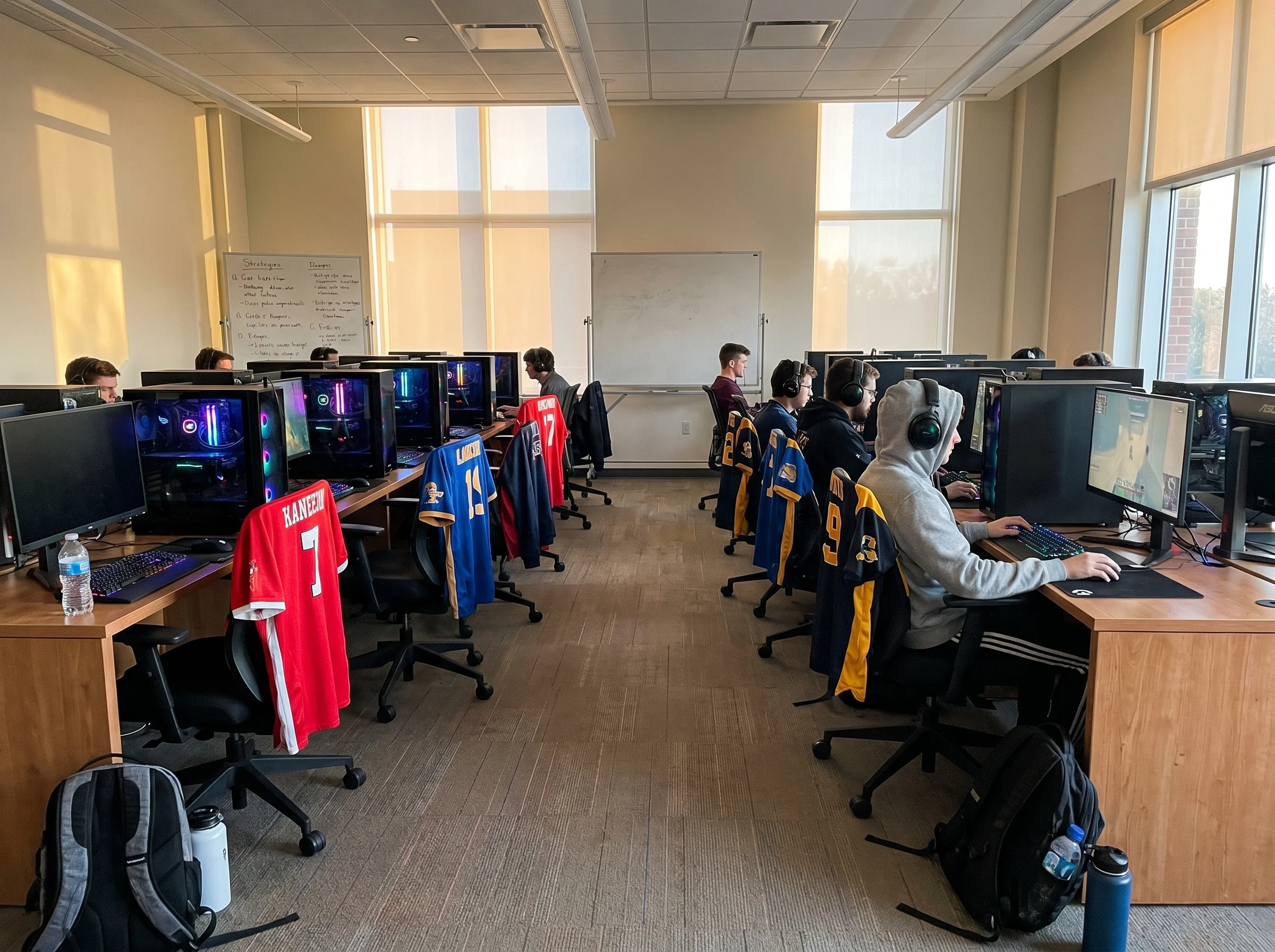 A college esports arena with rows of gaming PCs, team jerseys hung on chairs, mostly empty room during a quiet afternoon prac