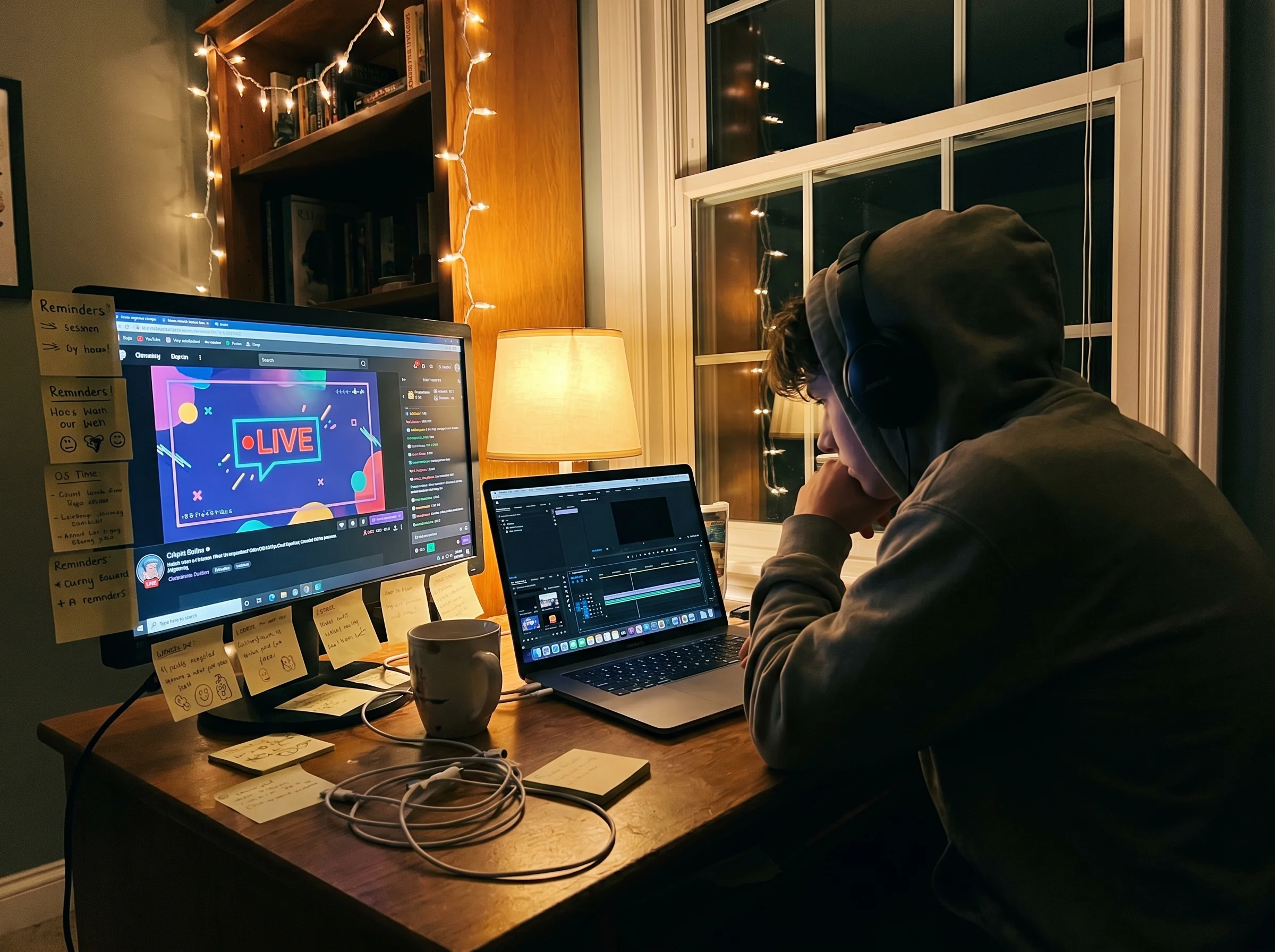 A teen at a desk editing gaming clips on a laptop, second monitor showing a stream overlay, sticky notes around the desk, bed
