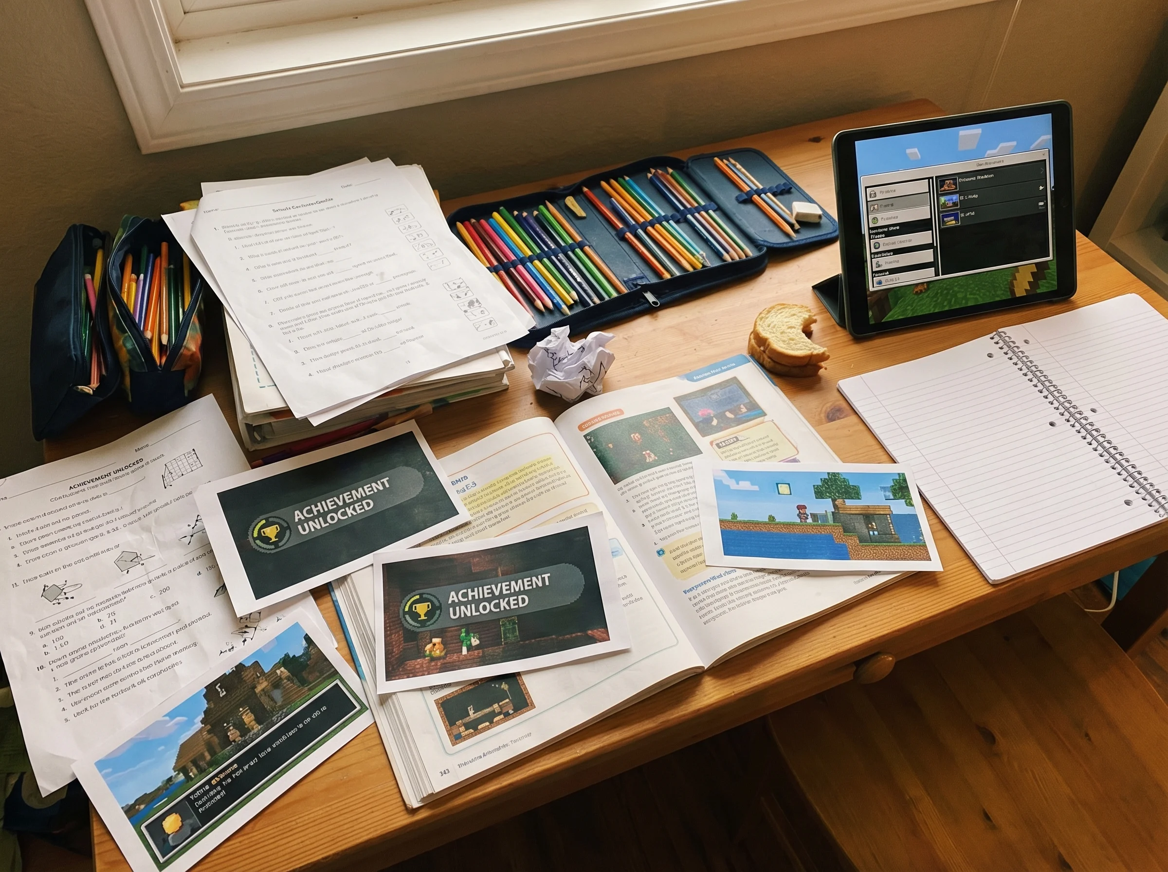 A collection of gaming achievement notifications and screenshots spread across a kid's desk, mixed with homework and colored