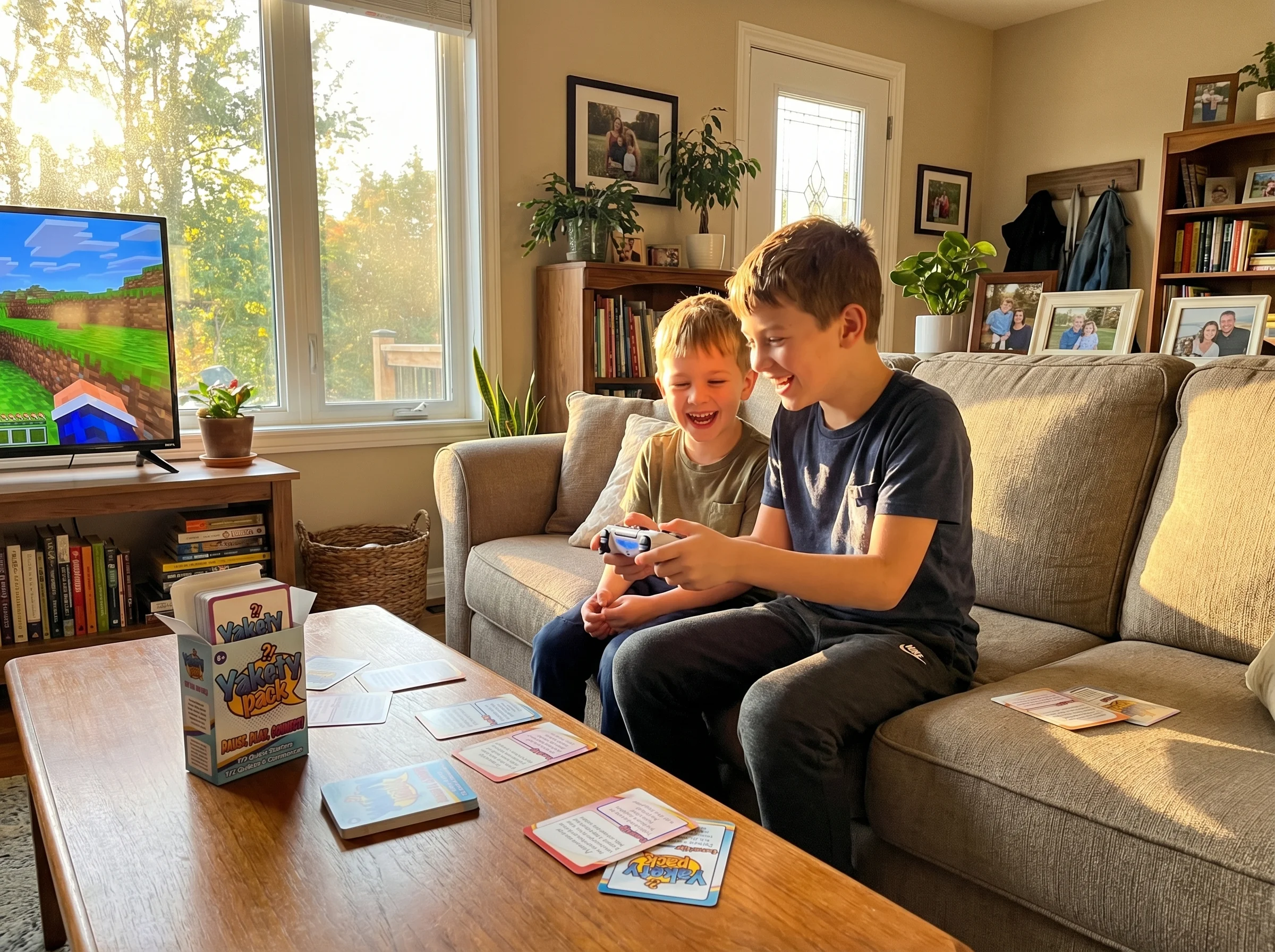 Two boys sitting together on a couch, one showing the other how to play a game on his controller, both engaged and smiling in