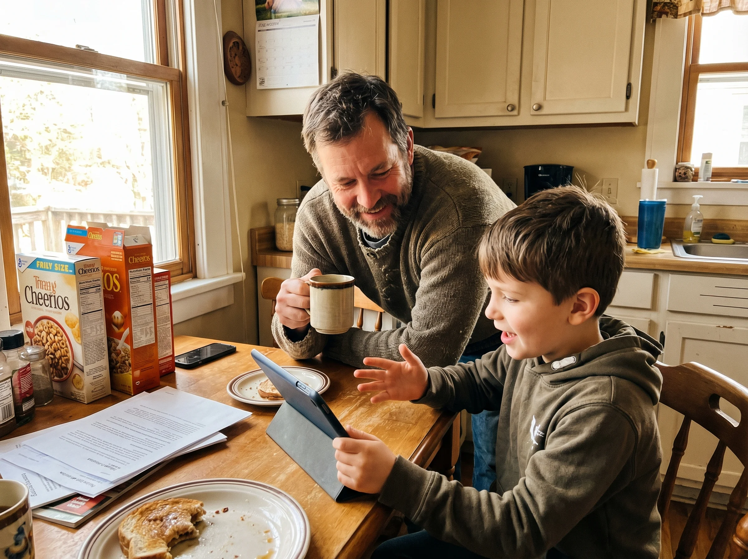 A father and son sitting side by side at the kitchen table, the son animatedly explaining something on his tablet while the d