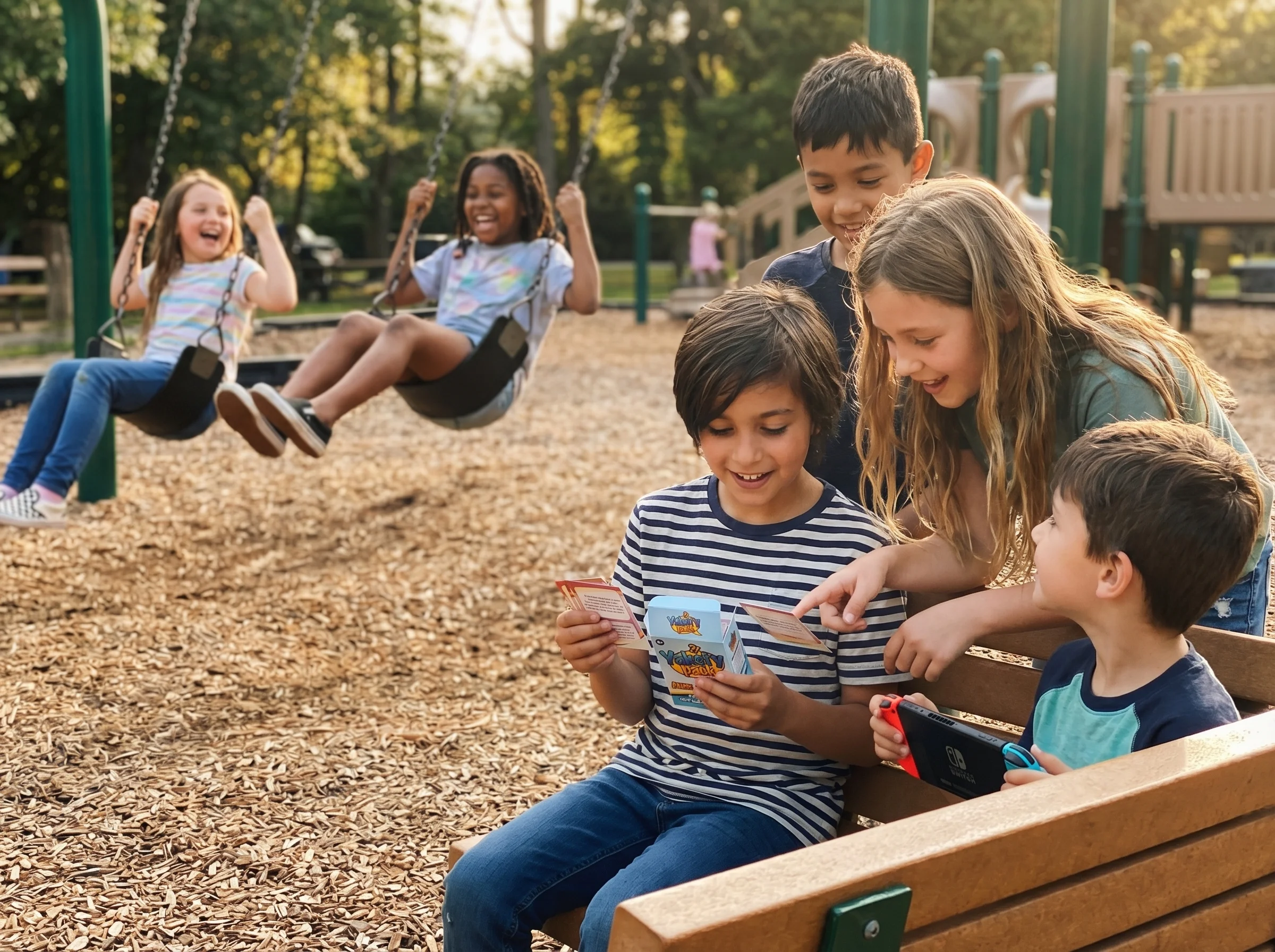 A group of diverse kids at a playground, some playing on swings while one child holds a gaming device, learning to balance di