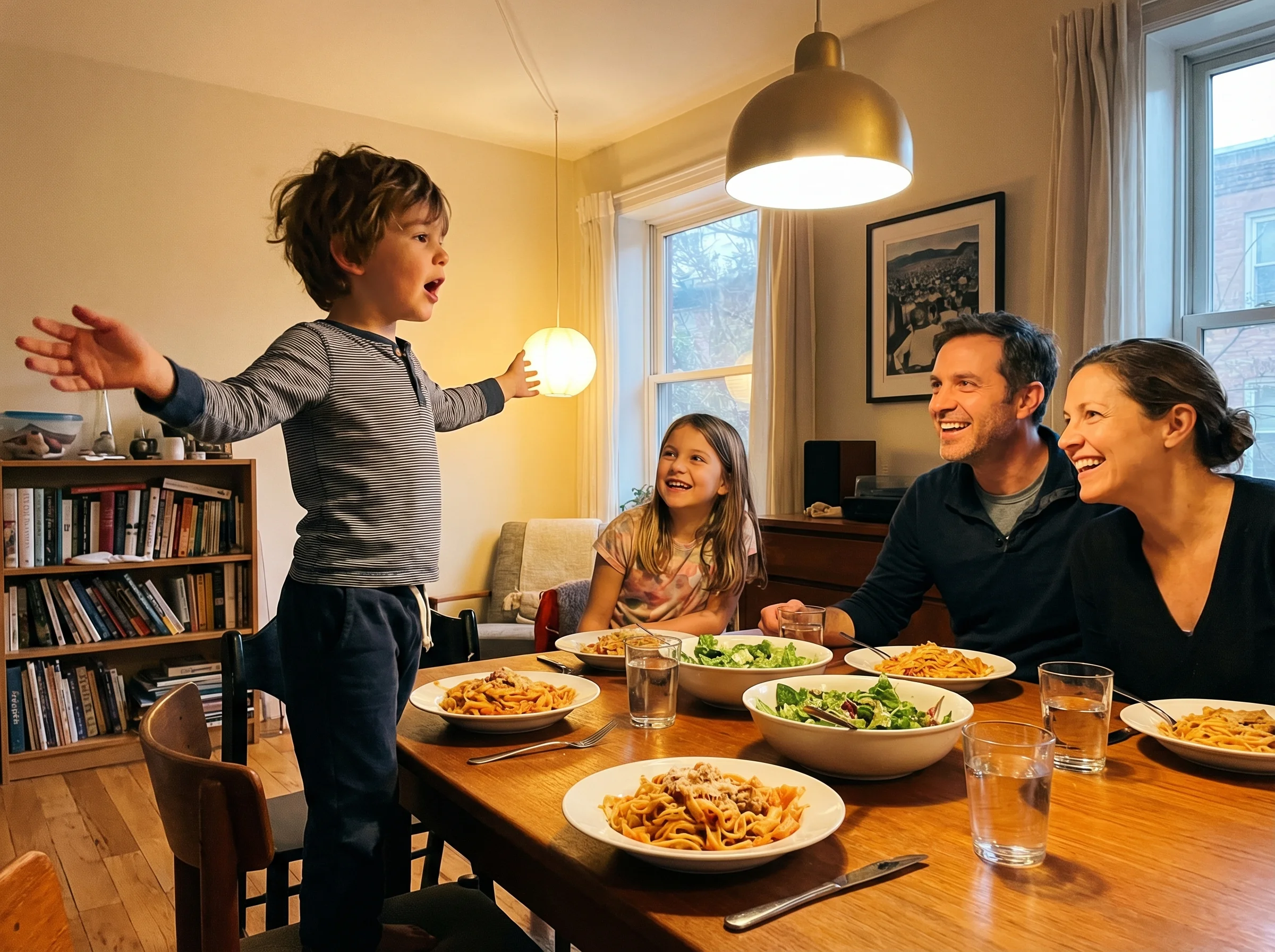 A family dinner table scene with parents and two kids, one child standing and gesturing excitedly while telling a story, othe