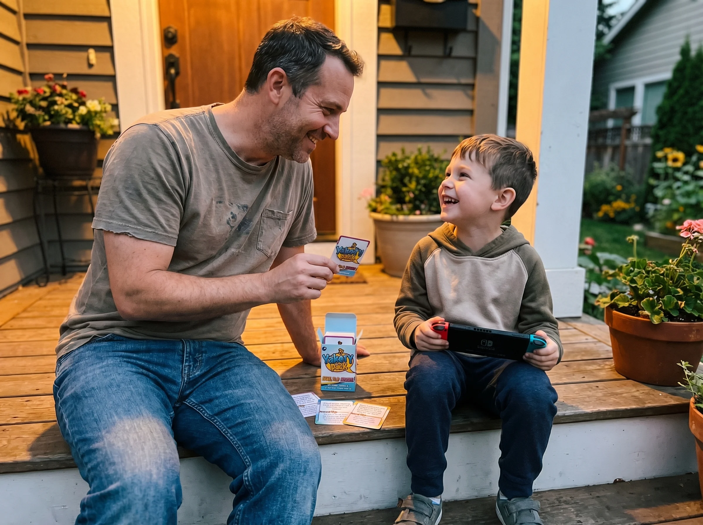 A boy and his dad sitting on the front porch steps in evening light, the boy holding a gaming device but engaged in conversat