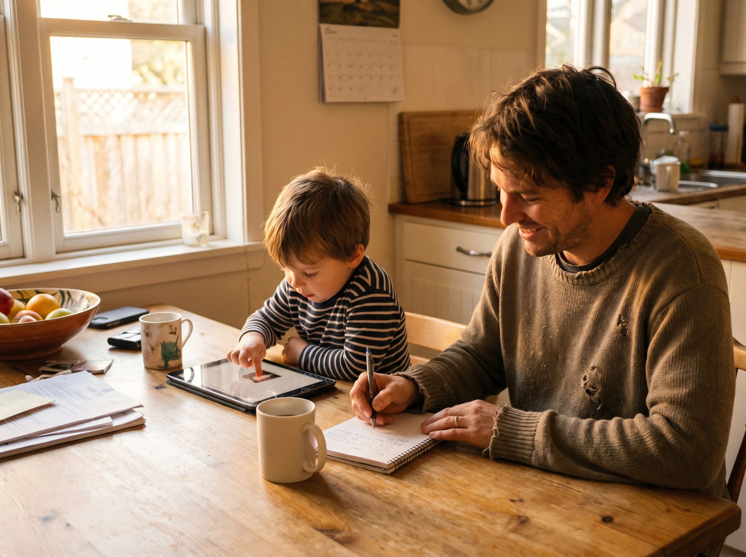 A kitchen table scene with a parent and child looking at a tablet together, the child pointing at the screen while the parent
