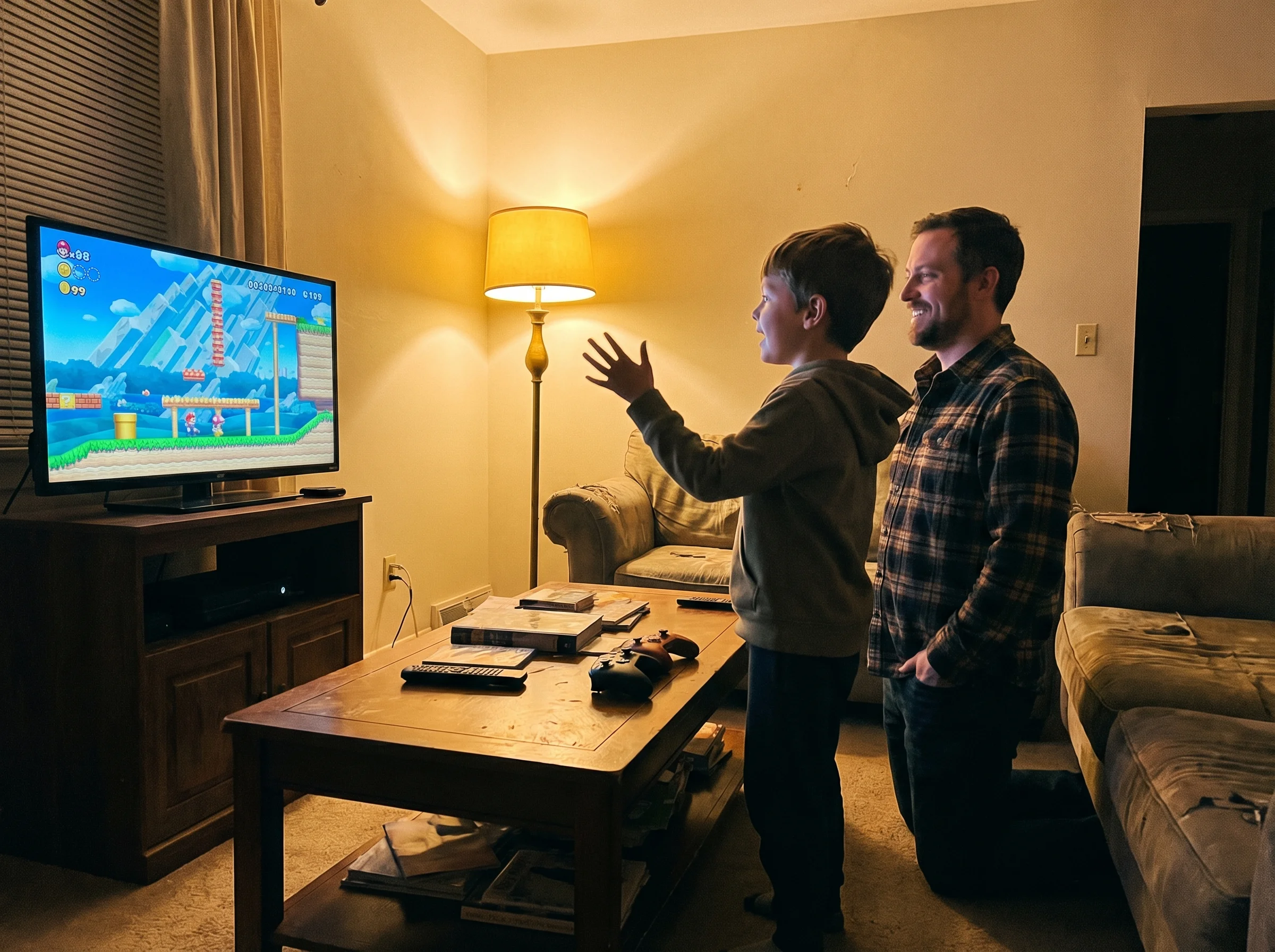 A boy demonstrating a gaming level to his dad who's kneeling beside the couch, both looking at the TV screen with the boy usi