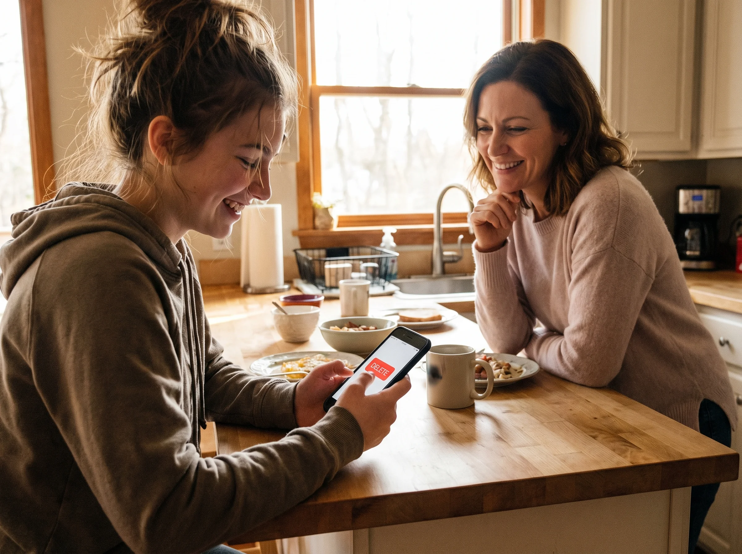 A girl confidently pressing the delete button on a phone app while her parent watches supportively from across the kitchen co