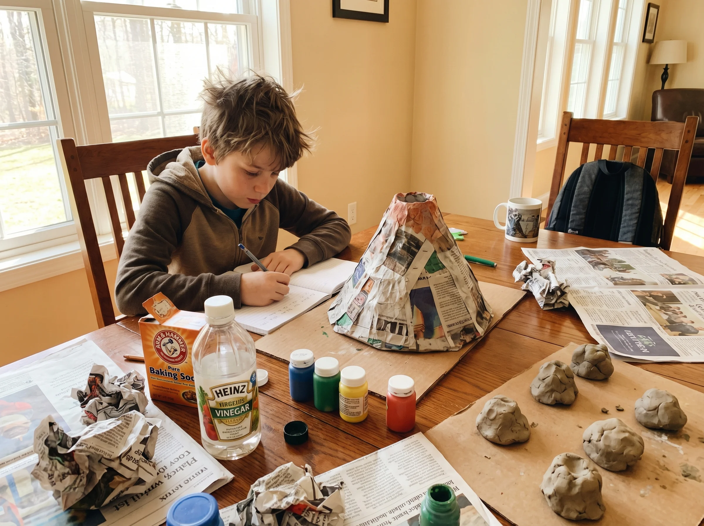 A boy working on a science fair volcano project at the dining table, calmly taking notes while various materials and failed a