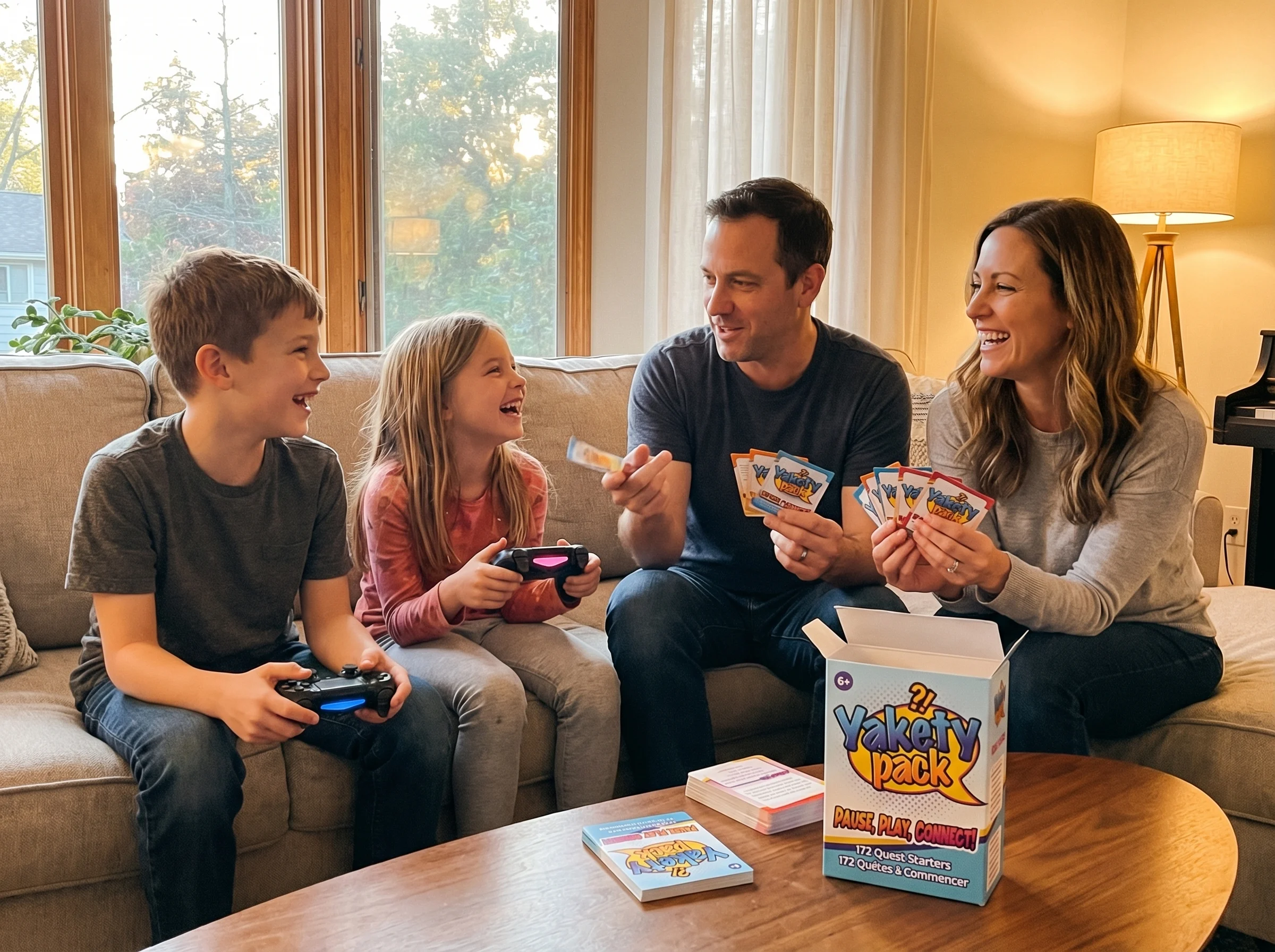 A family sitting together on the couch, kids holding gaming controllers while parents hold Yakety Pack cards, everyone engage