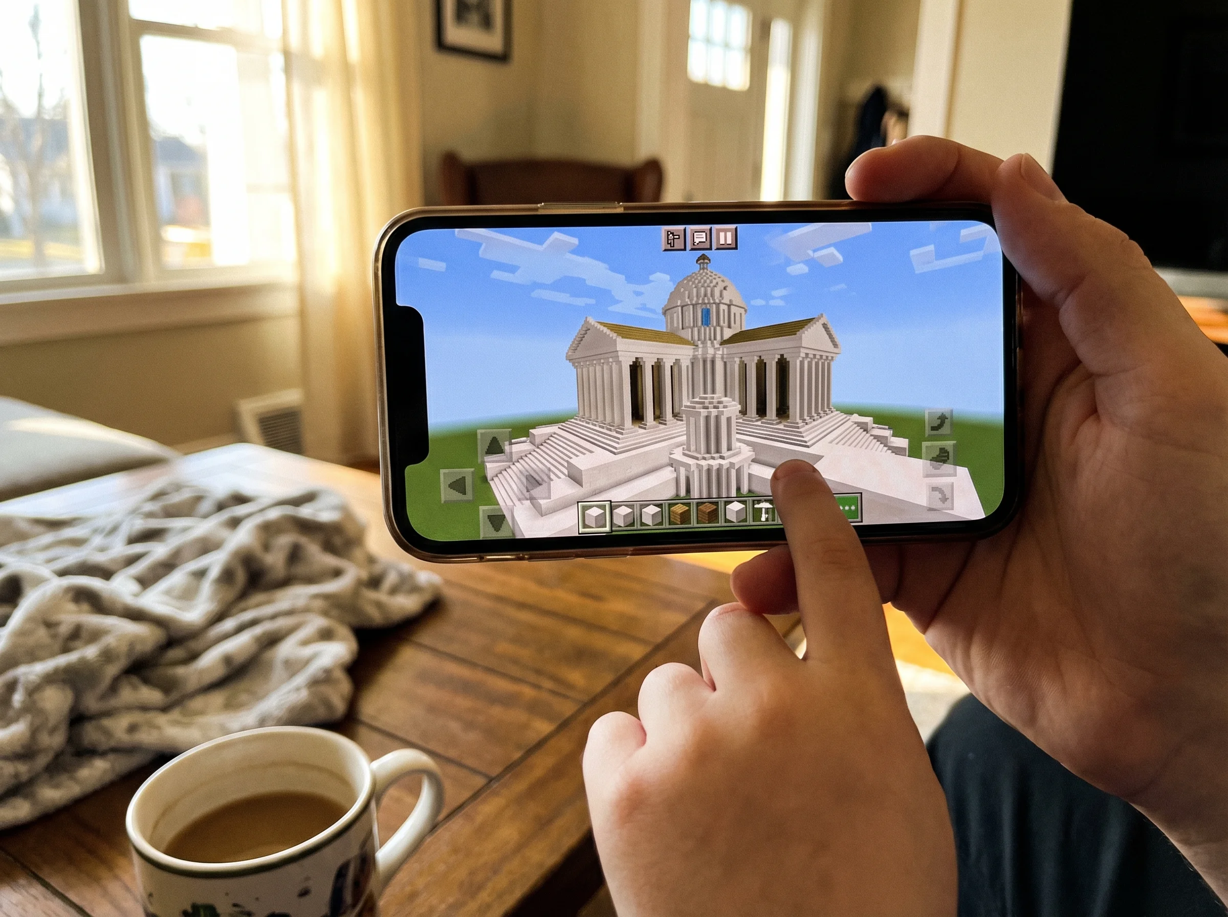 Minecraft screen showing an elaborate quartz building with columns and a dome, clearly built with care and planning over many