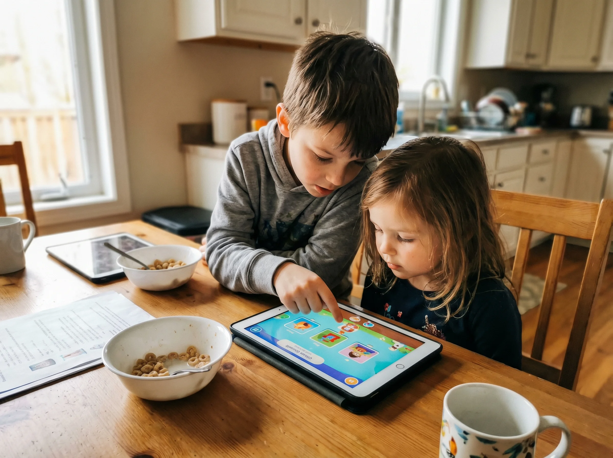 Two kids sitting side by side at a kitchen table, each with their own tablet, the older one pointing at the younger one's scr
