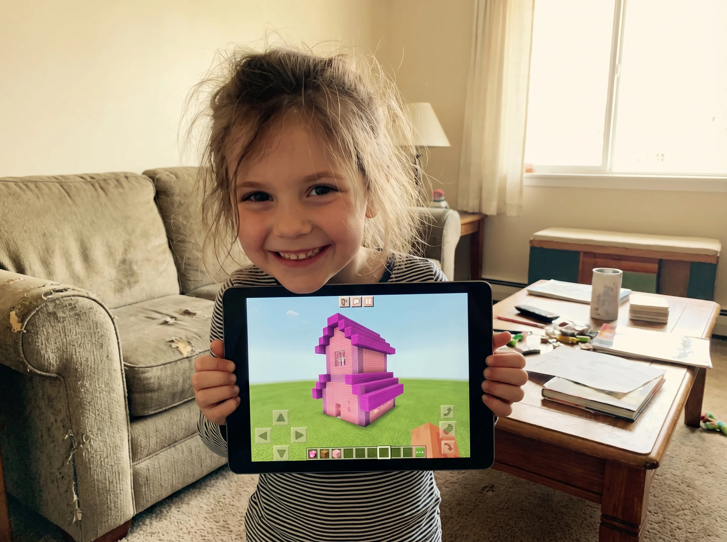 Young girl around 7 years old beaming at camera while holding up an iPad showing a colorful Minecraft house made entirely of