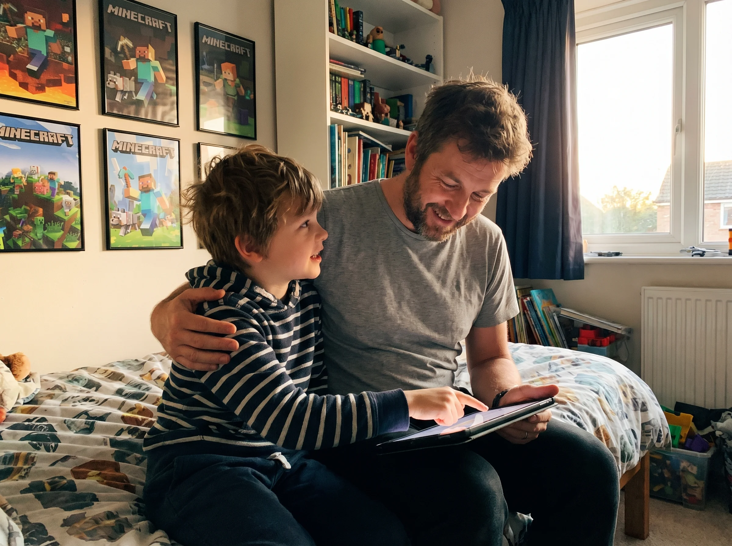 Dad and son sitting together on son's bed, dad's arm around son's shoulders, both looking at an iPad screen, son pointing at