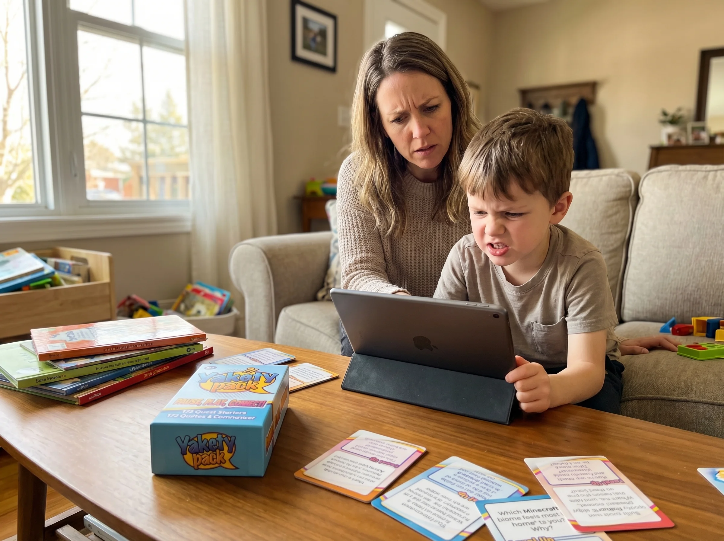 Parent looking concerned while watching child play on tablet, child's face showing frustration or anger at the screen, natura