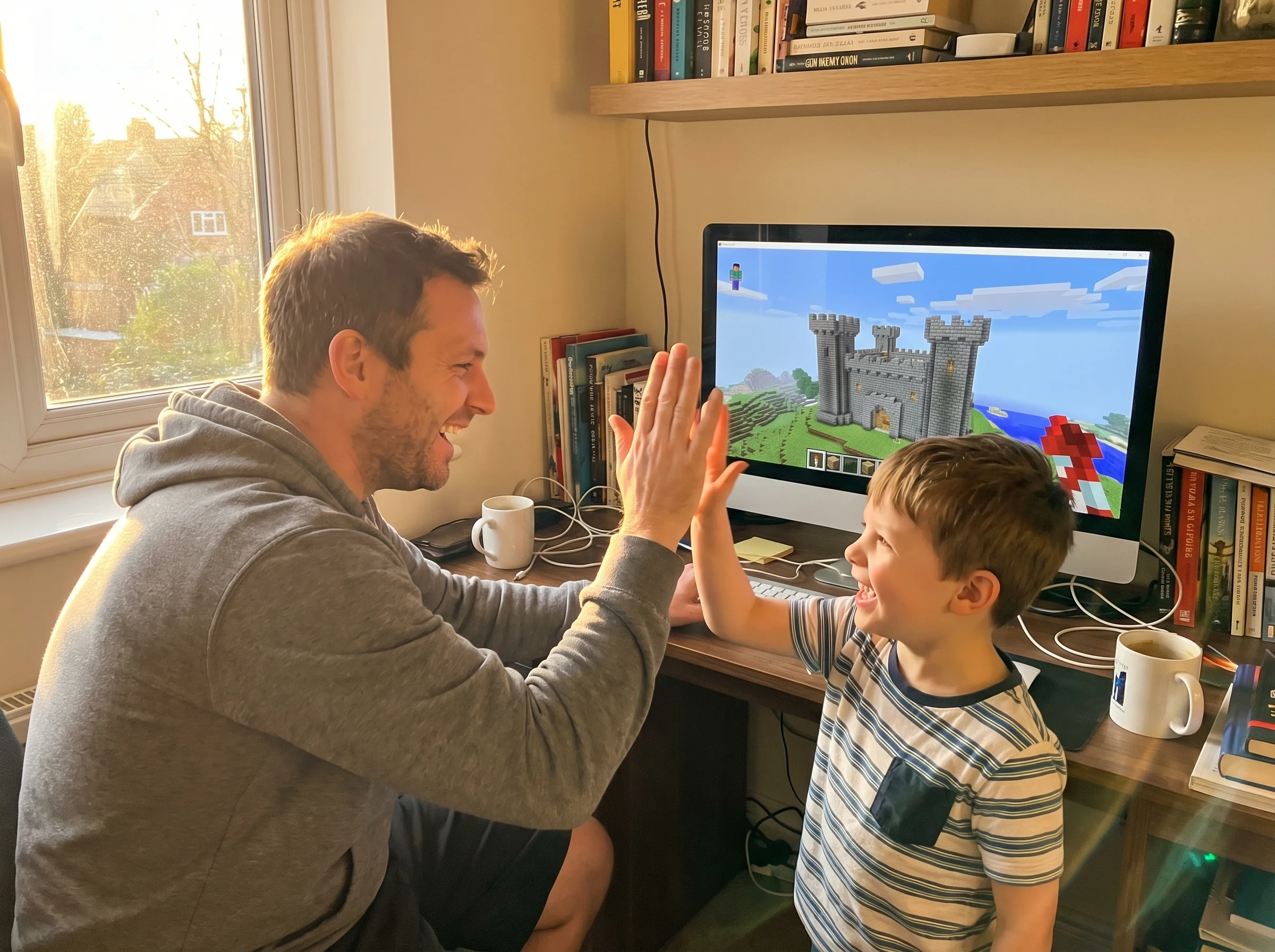 Father and son high-fiving in front of computer screen showing a Minecraft build, both laughing, morning light streaming thro