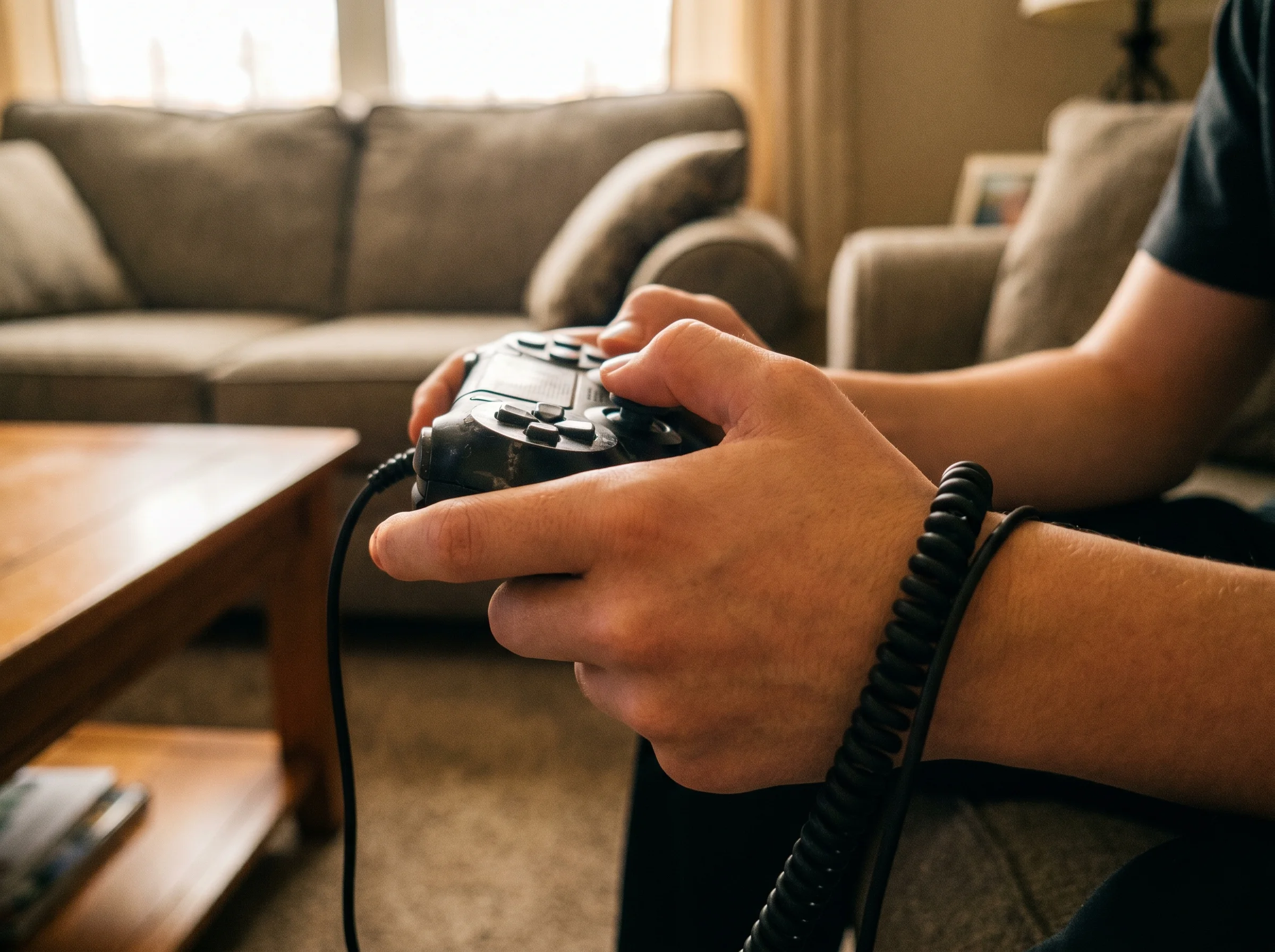 Close-up of a teenager's hands on a gaming controller, headset cord visible, focused intensity, soft natural light