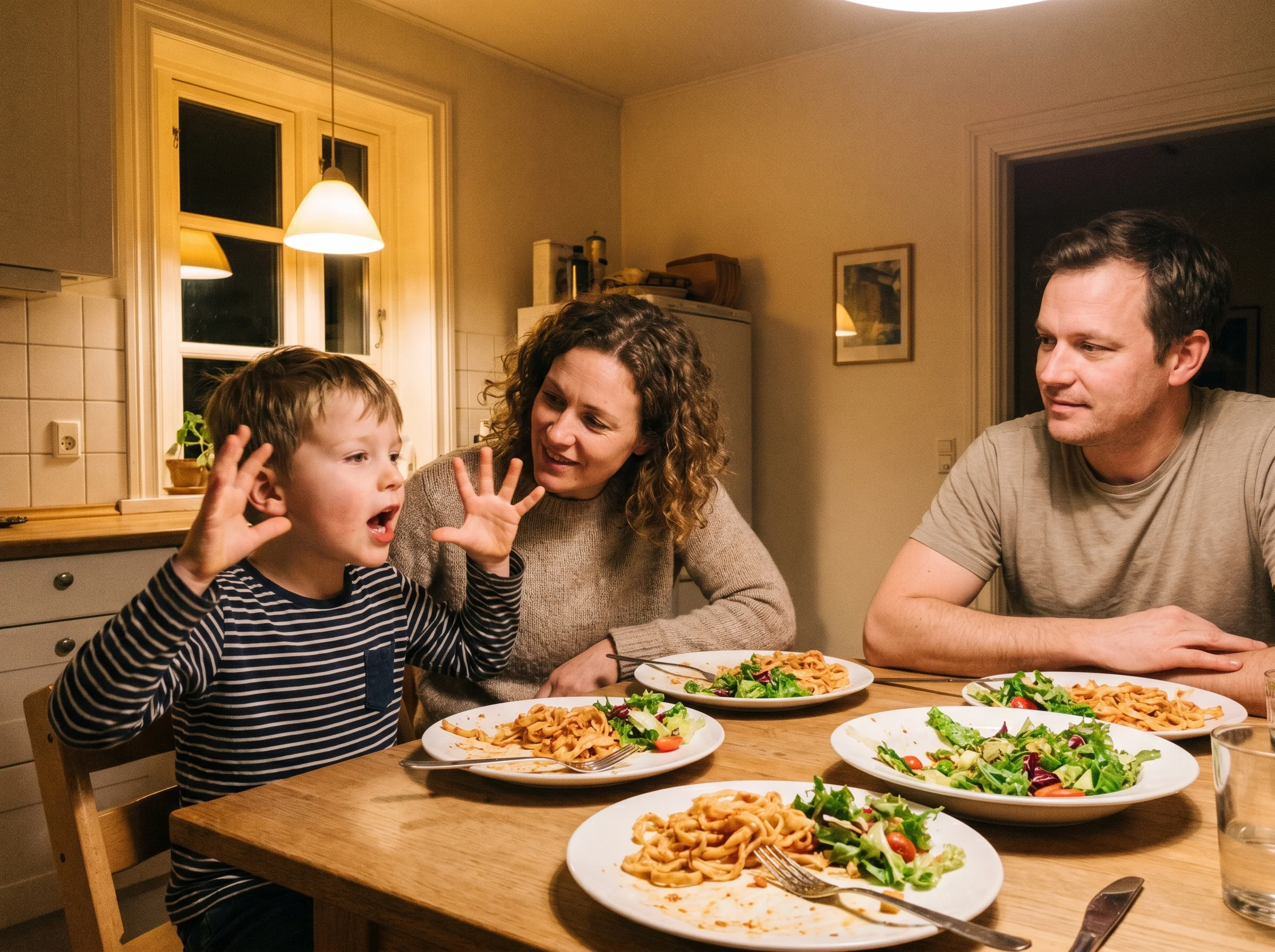 Family at a kitchen table during dinner, mid-conversation, kid mid-sentence with hands gesturing, parent listening, natural e