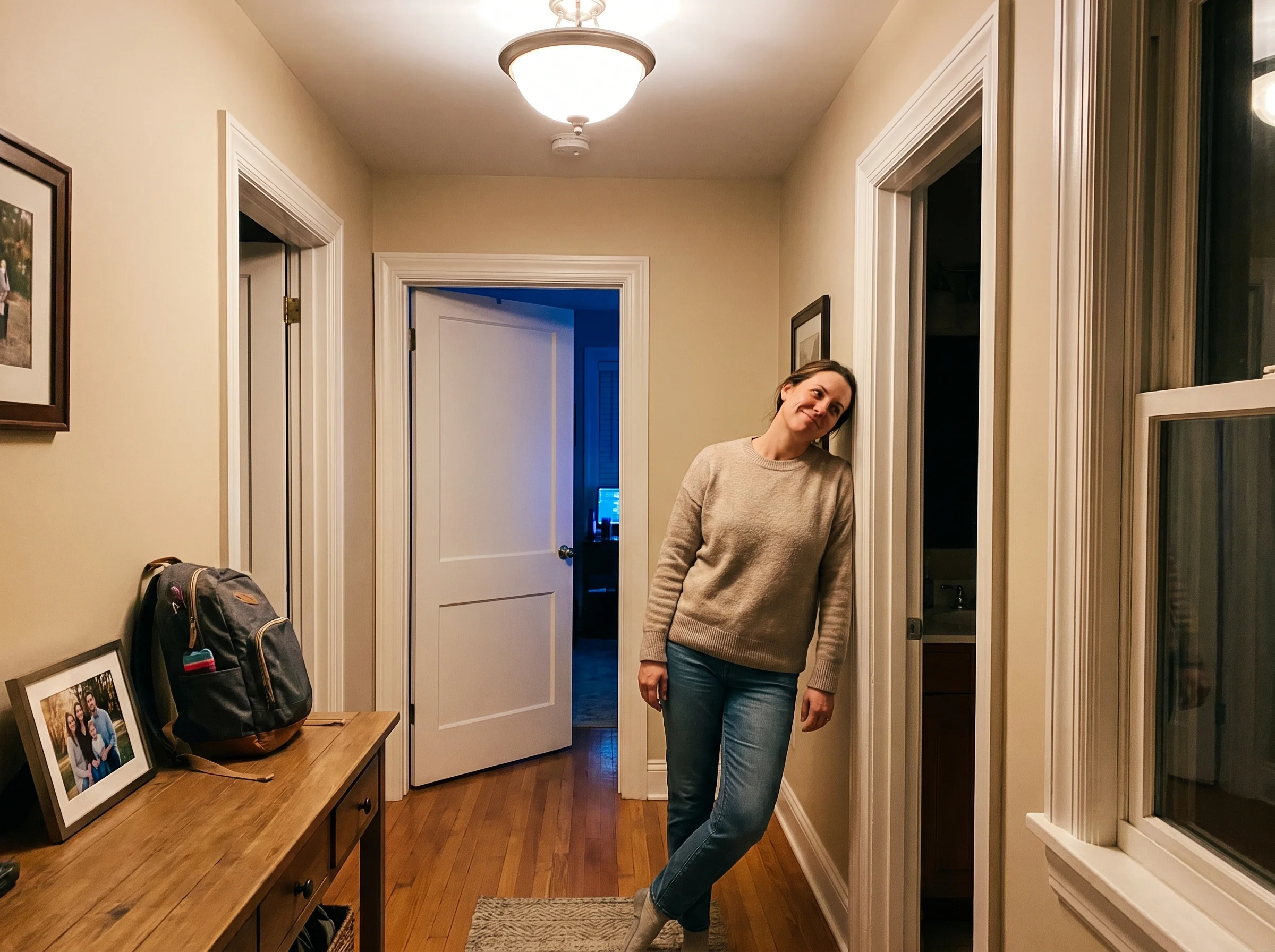 Mom standing in a hallway, smiling slightly, listening to gaming sounds coming from a kid's bedroom, doorway frame visible, w