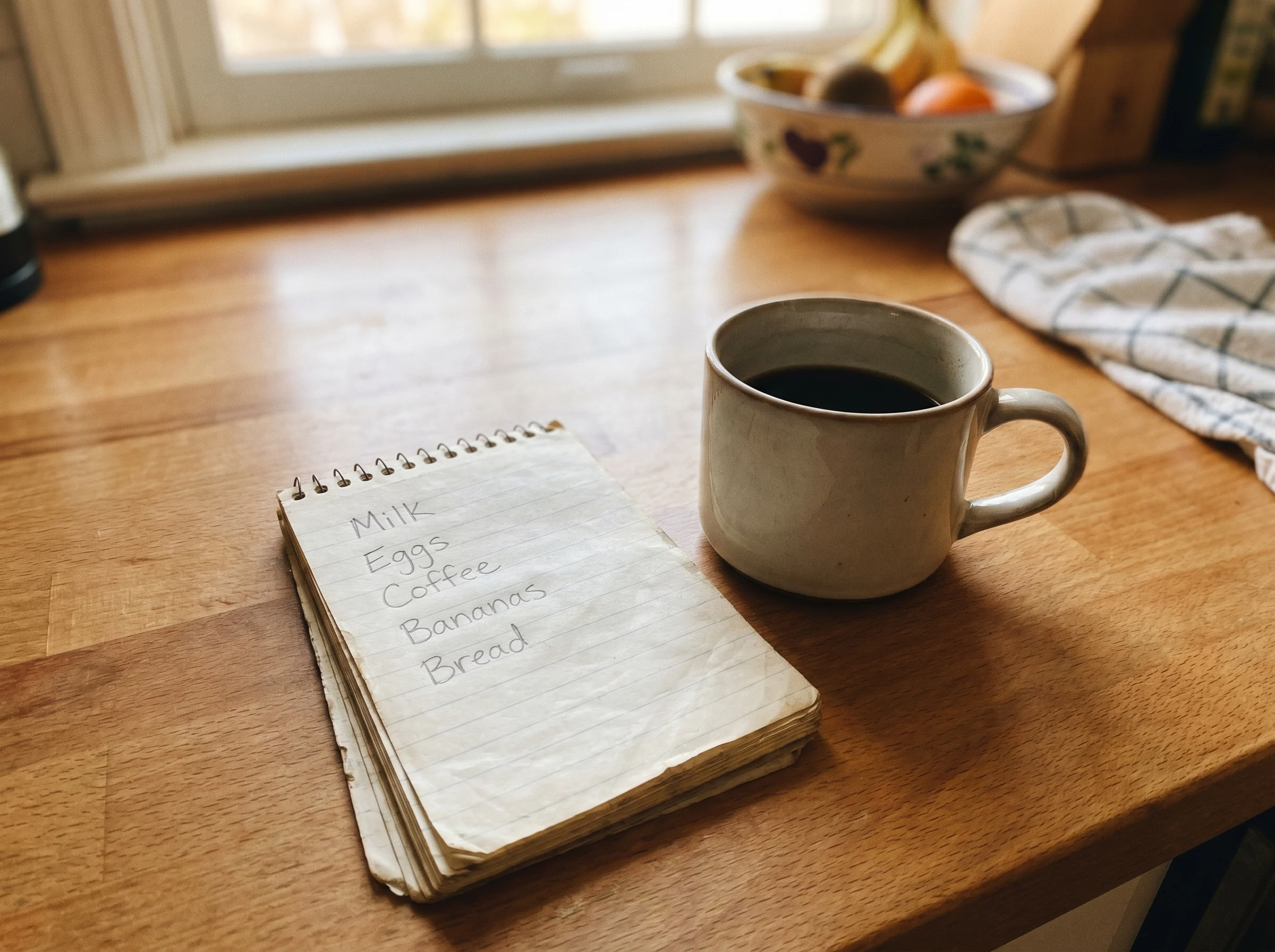A handwritten list on a notepad sitting on a kitchen counter next to a coffee mug, casual home setting, morning light