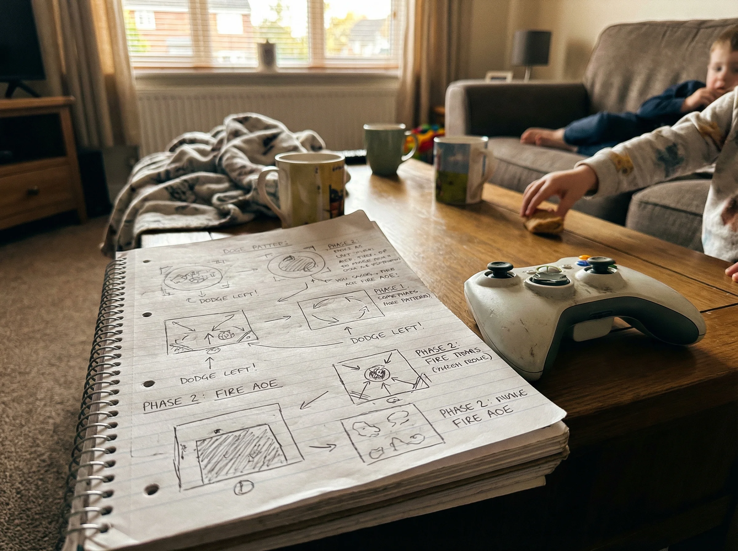 A notebook filled with hand-drawn boss attack patterns and strategy notes, game controller visible beside it on a coffee tabl