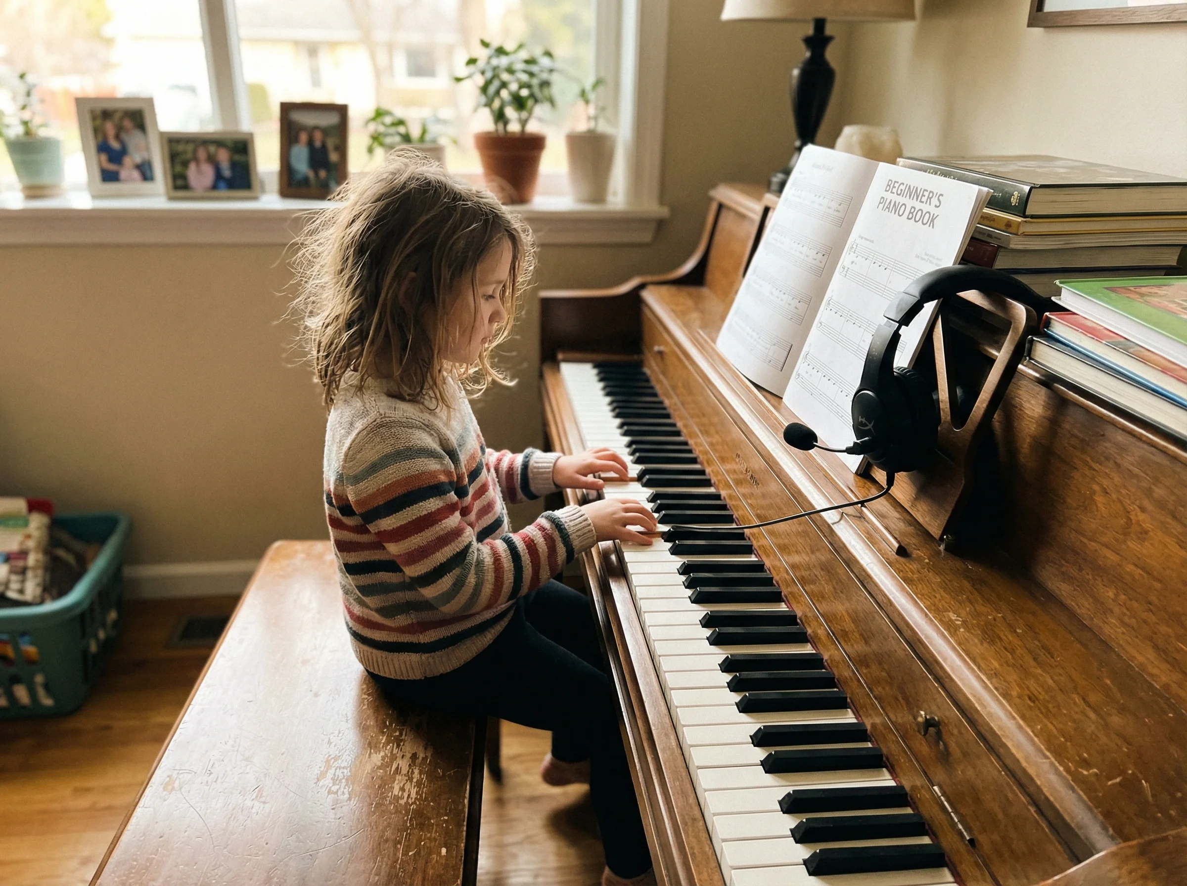 A young girl at a piano, sheet music propped up, with a gaming headset hanging on the piano stand beside her