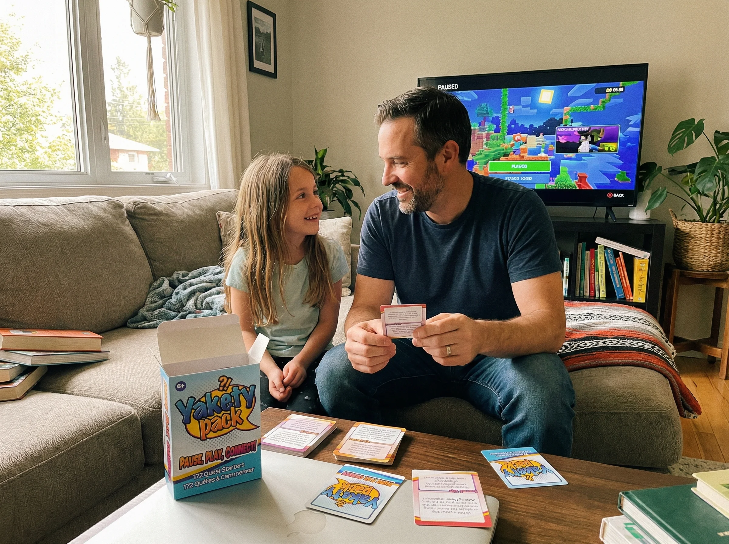 A dad sitting next to his daughter on the couch, both looking at a paused game screen, engaged in conversation rather than pl
