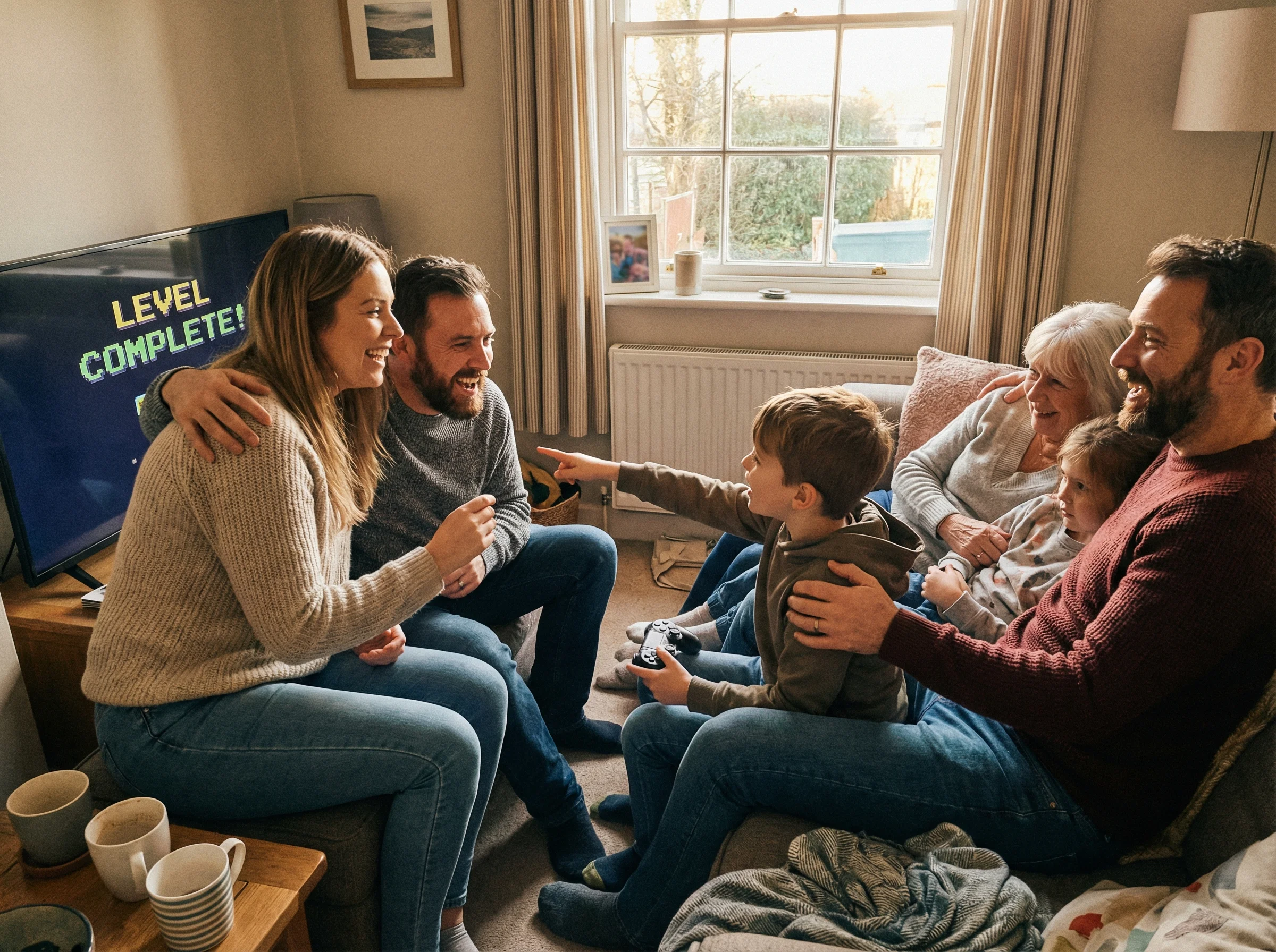 A family gathered around the TV watching one child demonstrate a game achievement, everyone leaning in with genuine interest