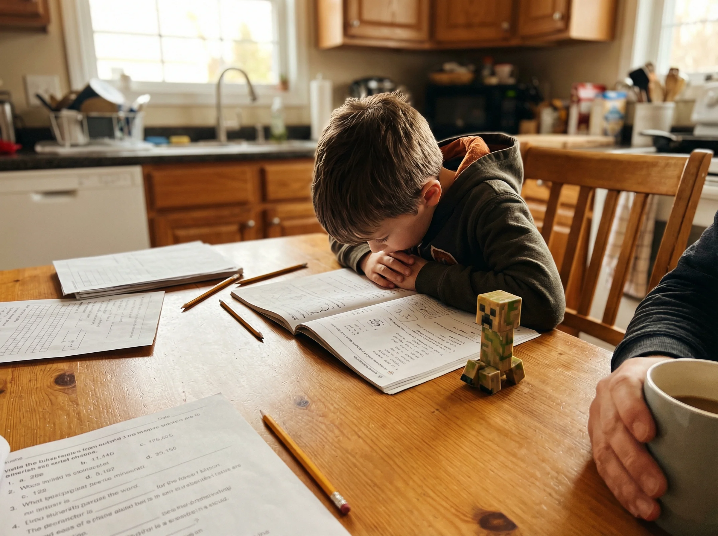 A child at a kitchen table doing homework, with a small gaming figure or trophy visible on the table as motivation